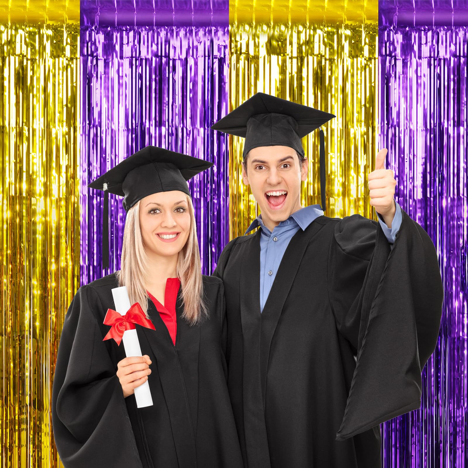 3Pack 3.3Ft x 6.6Ft Graduation Foil Fringe Curtain Backdrop Decorations, Purple Gold Metallic Tinsel Foil Streamers Curtain Photo Booth Background for Graduation Prom Wedding Birthday Party Decoration