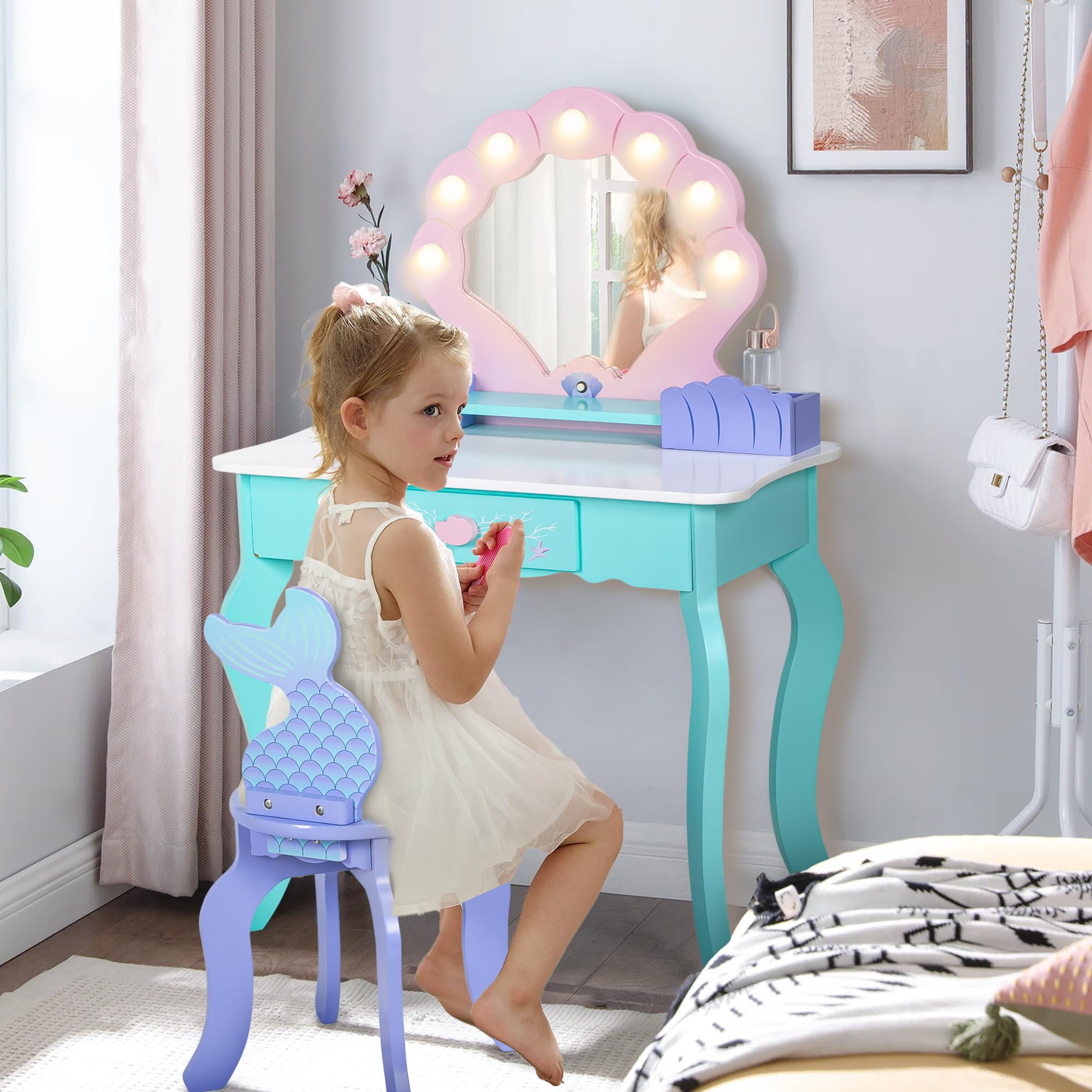 OHKIDS Vanity Set with Lights & Mirror, 2 in 1 Wooden Princess Dressing Table with Stool, Ocean Theme Makeup Table and Chair Set, Little Girls Pretend Play Set, Kids Vanity for Birthday
