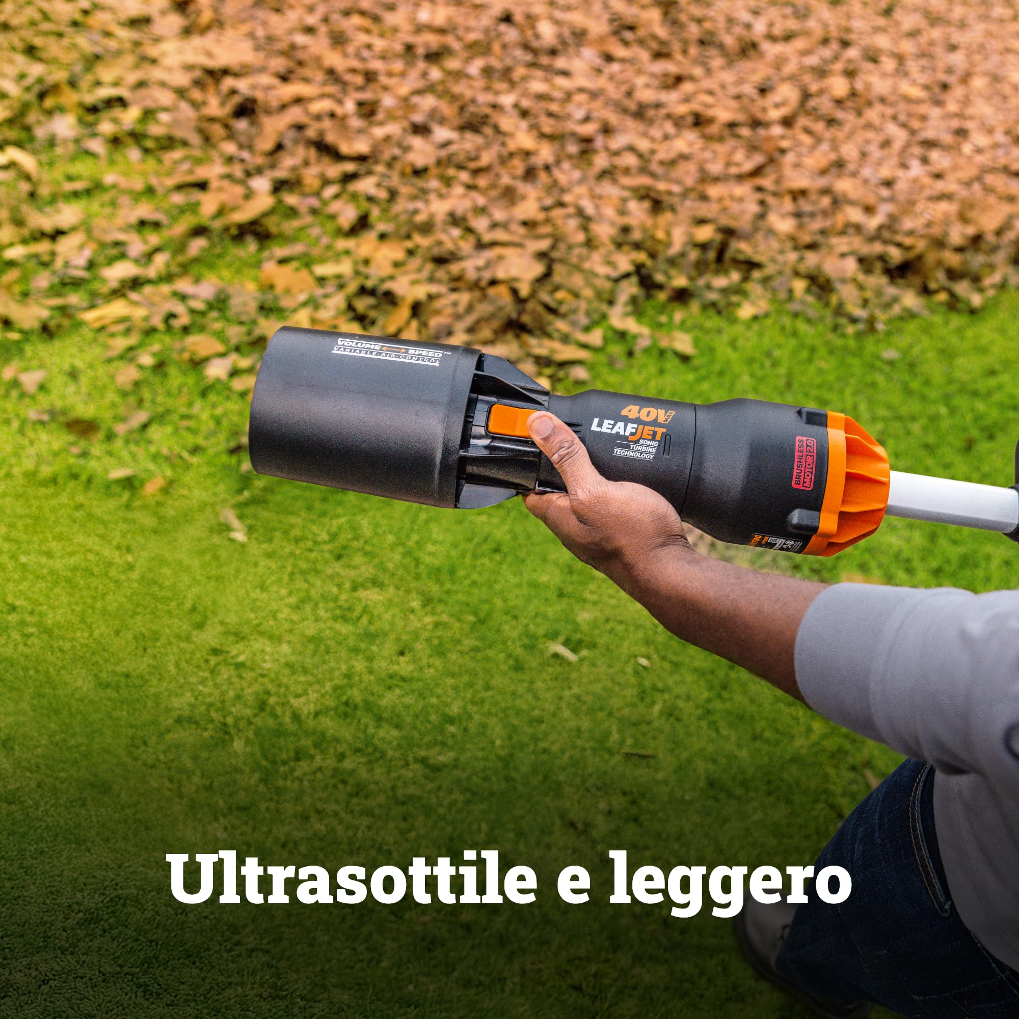 WORX Nitro WG585E.9 soffiatore a batteria da 40 V (2 x 20 V), motore brushless, tre velocità e modalità turbo, velocità dell'aria 266 km/h, leggero e compatto, senza batteria e caricatore