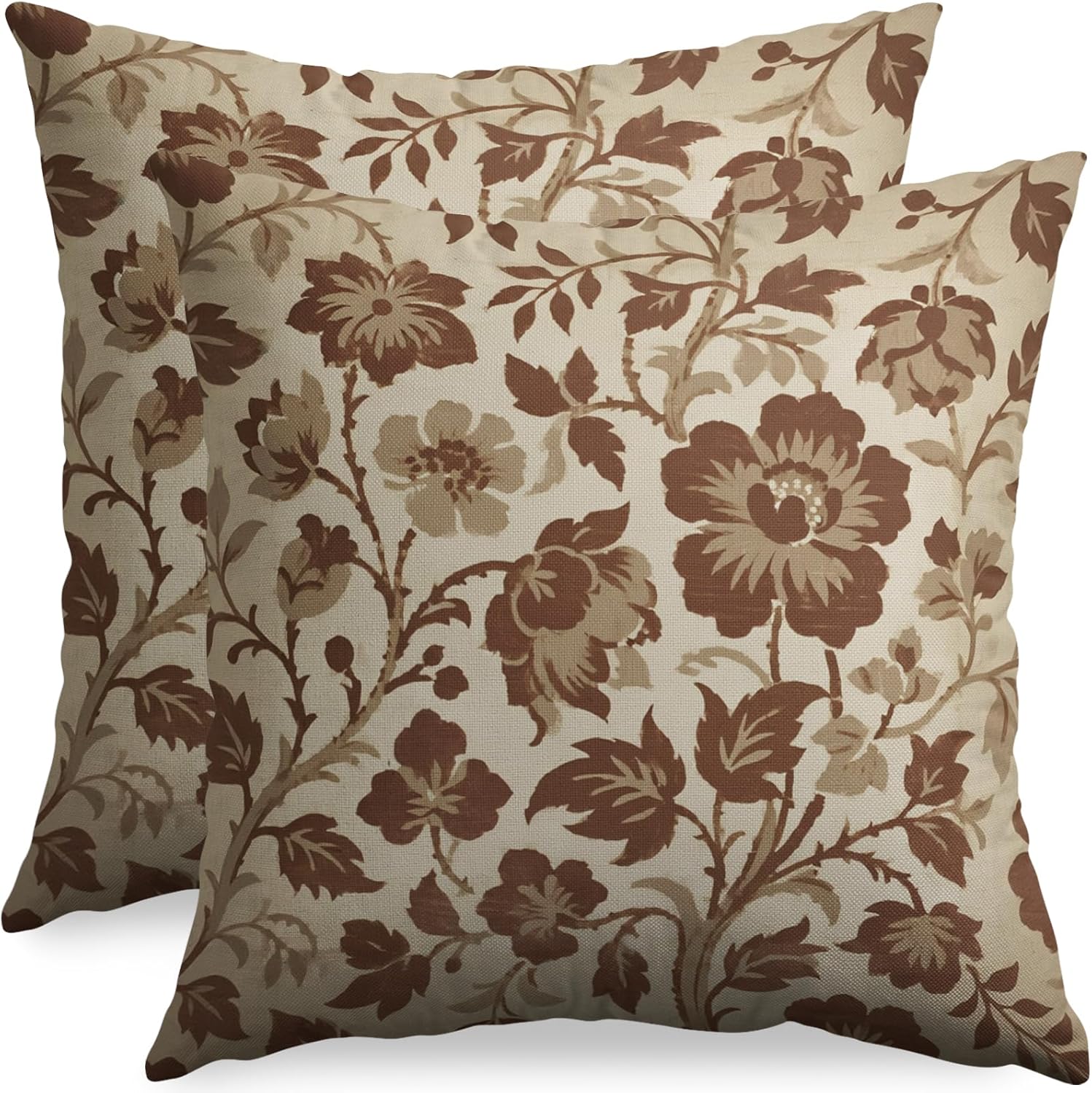 Vintage Floral Pillow Covers 24x24 Inch Set of 2, Brown Rust Colored Flowers Botanical Decorative Throw Pillow Cases Cushion Covers Rustic Decoration Gift Farmhouse Sofa Couch Bed Decor