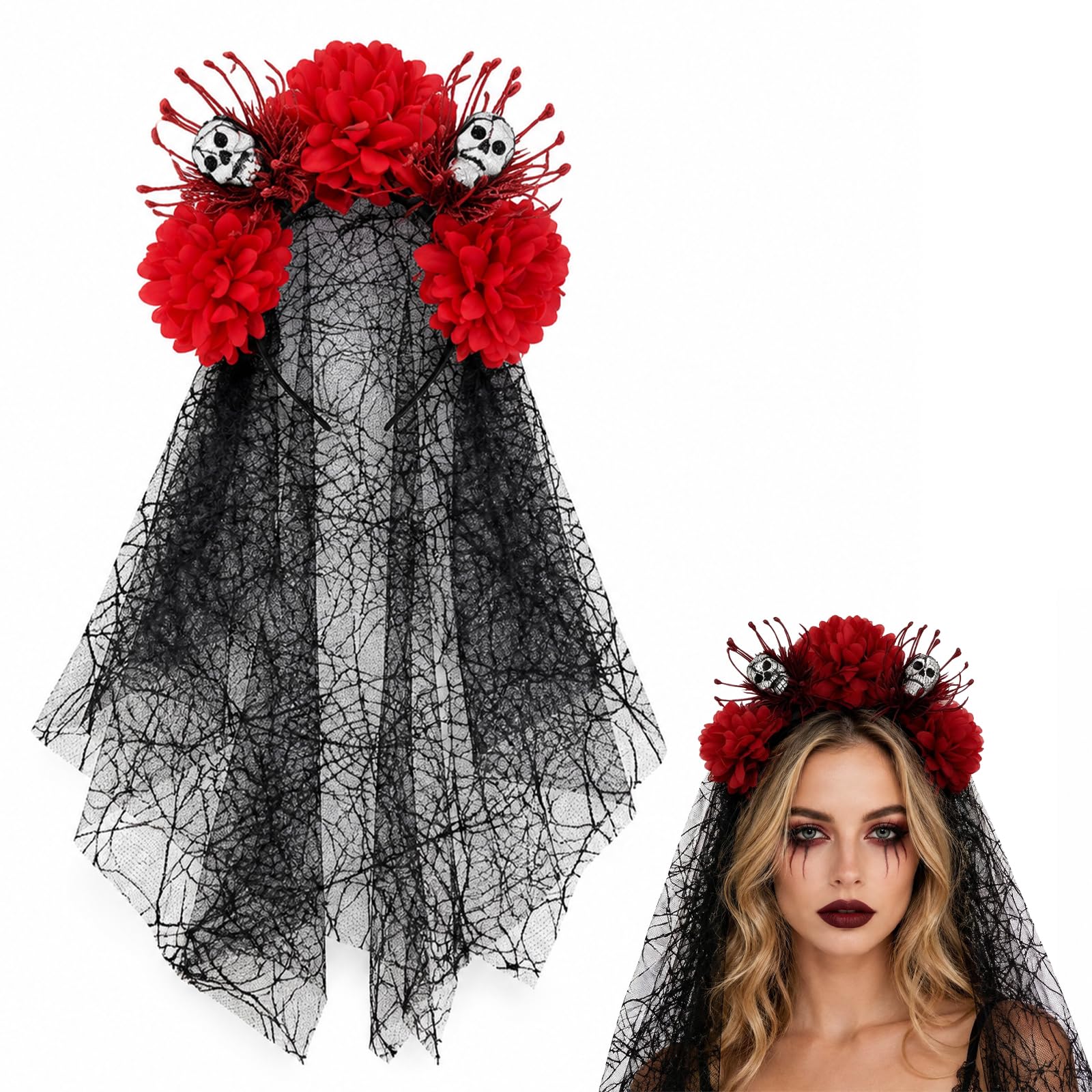Cuxawamiyo Halloween Skull Hair Veil Headband Black Roses Gothic Costume Accessory for Women Party
