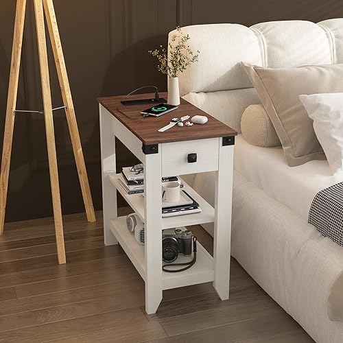 Miniatura 2 de Fameill Mesas auxiliares para sala de estar, juego de 2, mesa auxiliar estrecha con estación de carga, mesita de noche pequeña para espacios