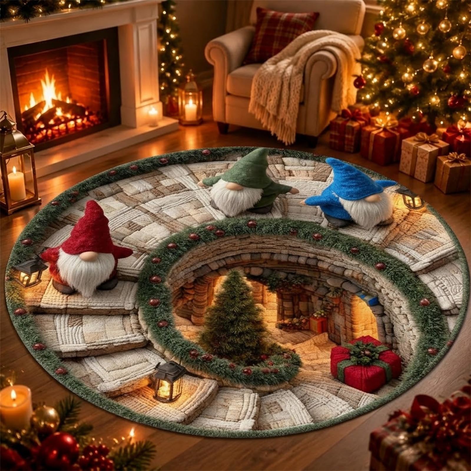 3D Christmas Rugs Round Mat, 3D Rugs Optical Illusion Christmas，F：40cm