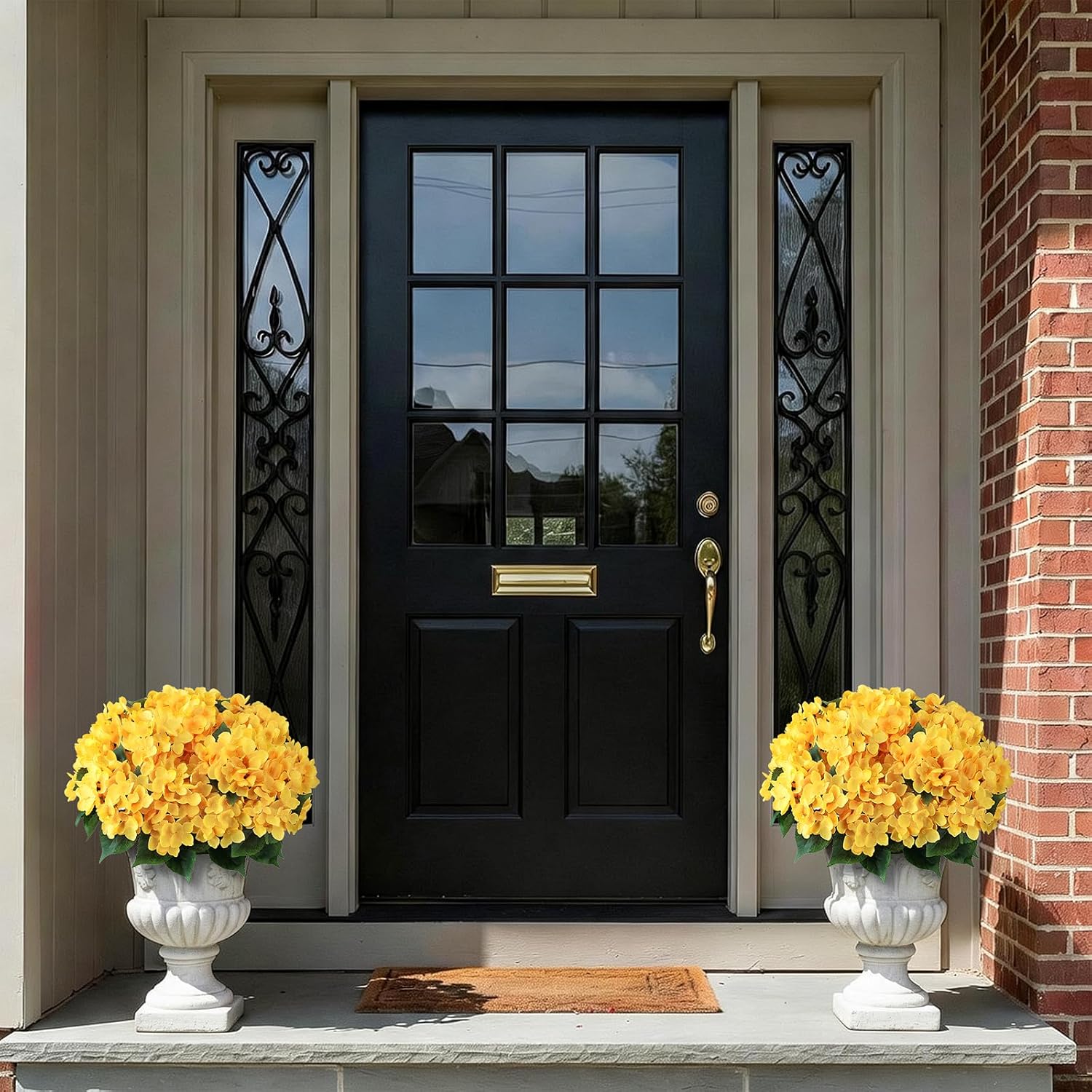 FOTEEWL 8 Bundles Artificial Hydrangea Flowers for Outdoor Decor, Realistic Faux Silk Bouquets Sun-Resistant Fake Plants for Front Door Balcony Farmhouse Garden Home Spring Summer Decor (Yellow)