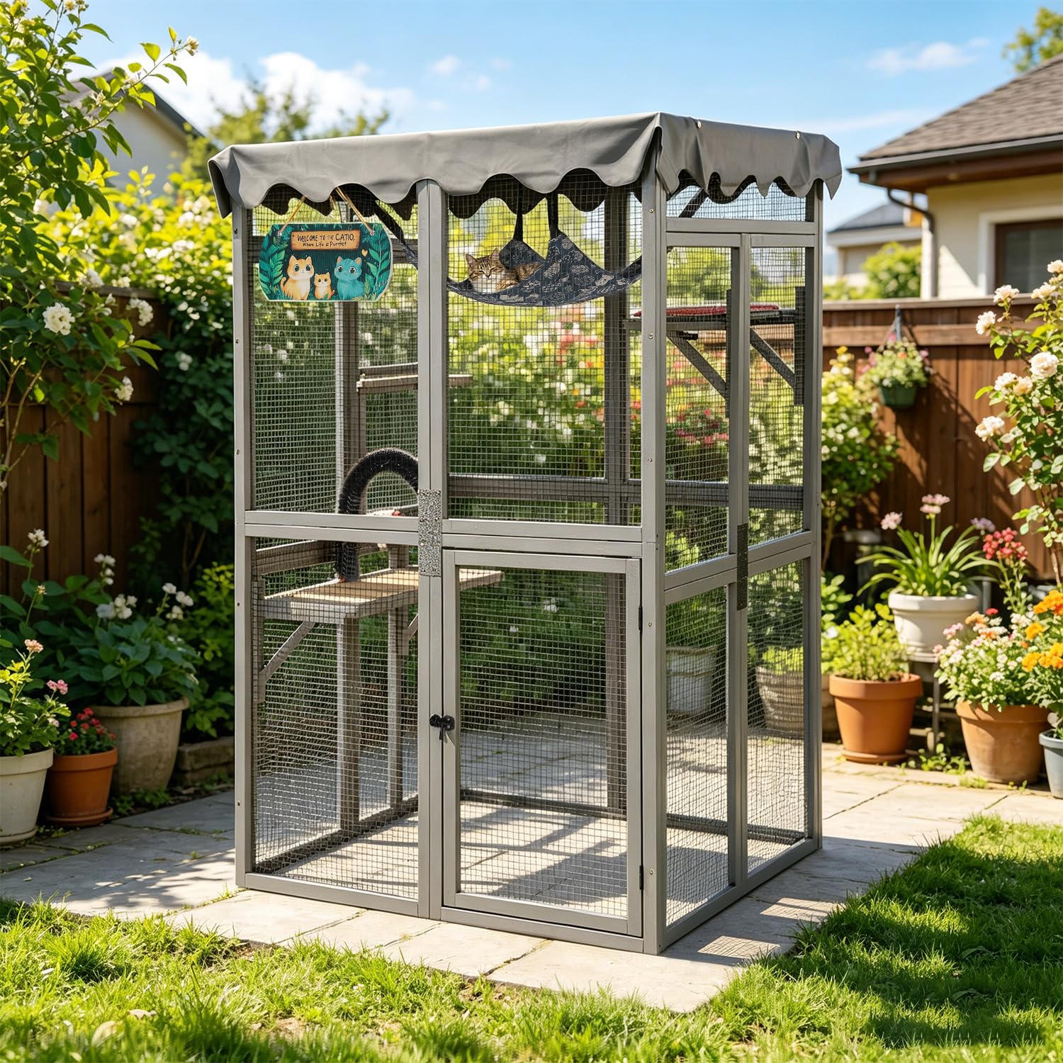 Free Standing Catio Outdoor Cat Enclosure,Cattery Outdoor/Indoor for cats, Wooden Cat House Home Shelter, Kitty Cage with 3 Platforms for Patio Indoor,Accommodate Up to 3 Cats(162.05*100.08*84.58cm)