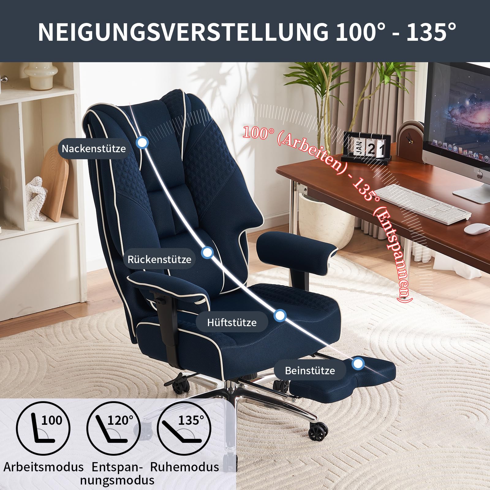 EXCEBET Chefsessel Bürostuhl Ergonomisch 200kg, Schreibtischstuhl mit Fußstütze und Atmungsaktivem Mesh, Hochlehner mit 14cm Taschenfederkern, Drehstuhl mit Höhenverstellbaren Armlehnen (Dunkelblau)