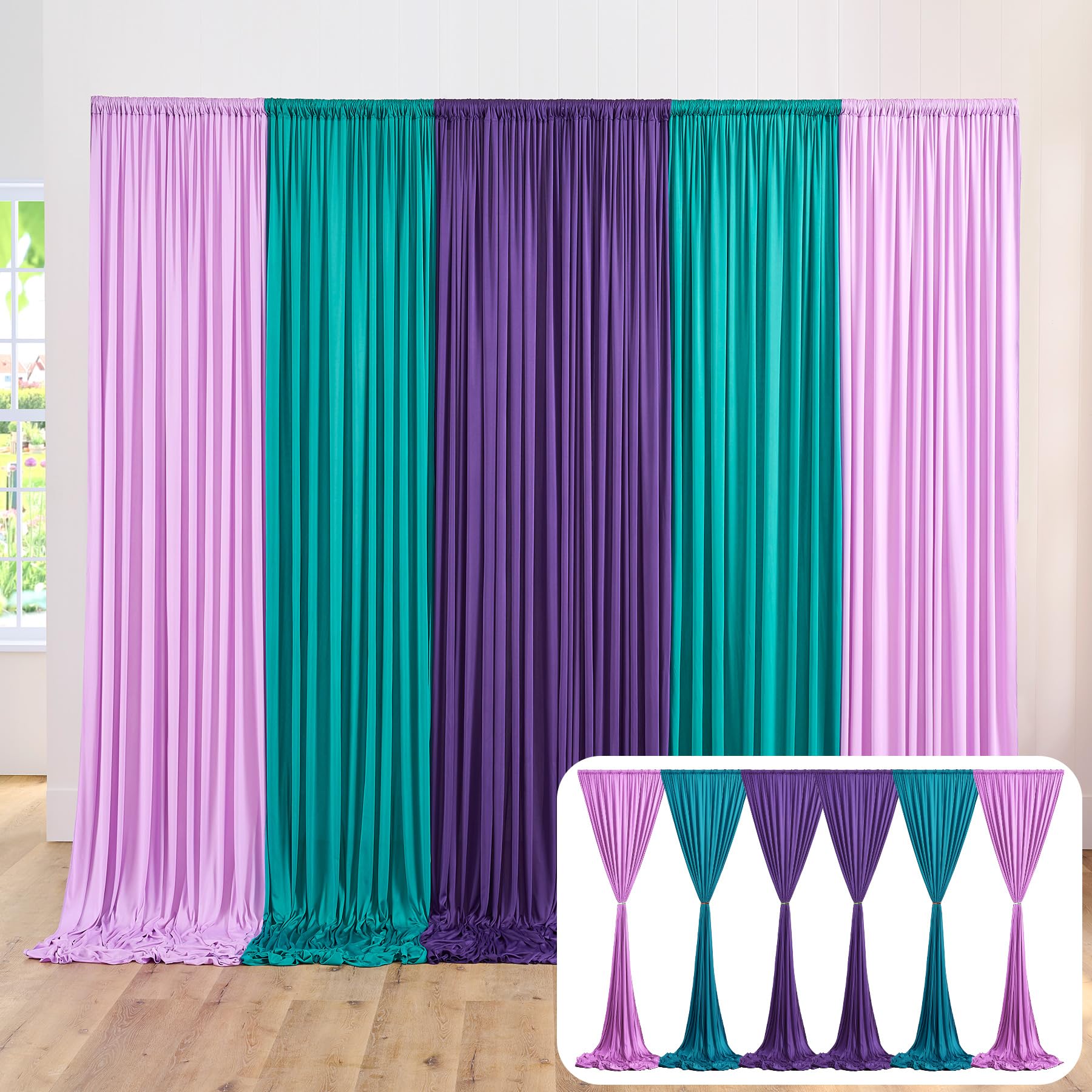 10ft x 30ft Mermaid Backdrop Curtain for Parties, Lavender Turquoise Purple Wrinkle Free Photography Backdrop Drapes, 6 Panels 5ft x 10ft Mermaid Backdrop Drapes for Baby Birthday Party Decorations