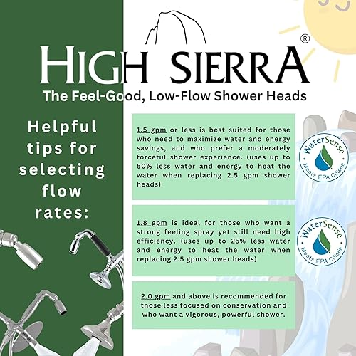 Miniatura 9 de High Sierra Showerheads - Cabezal de ducha de metal macizo de 1.8 GPM de alta eficiencia y bajo flujo con válvula de control de presión y flujo e