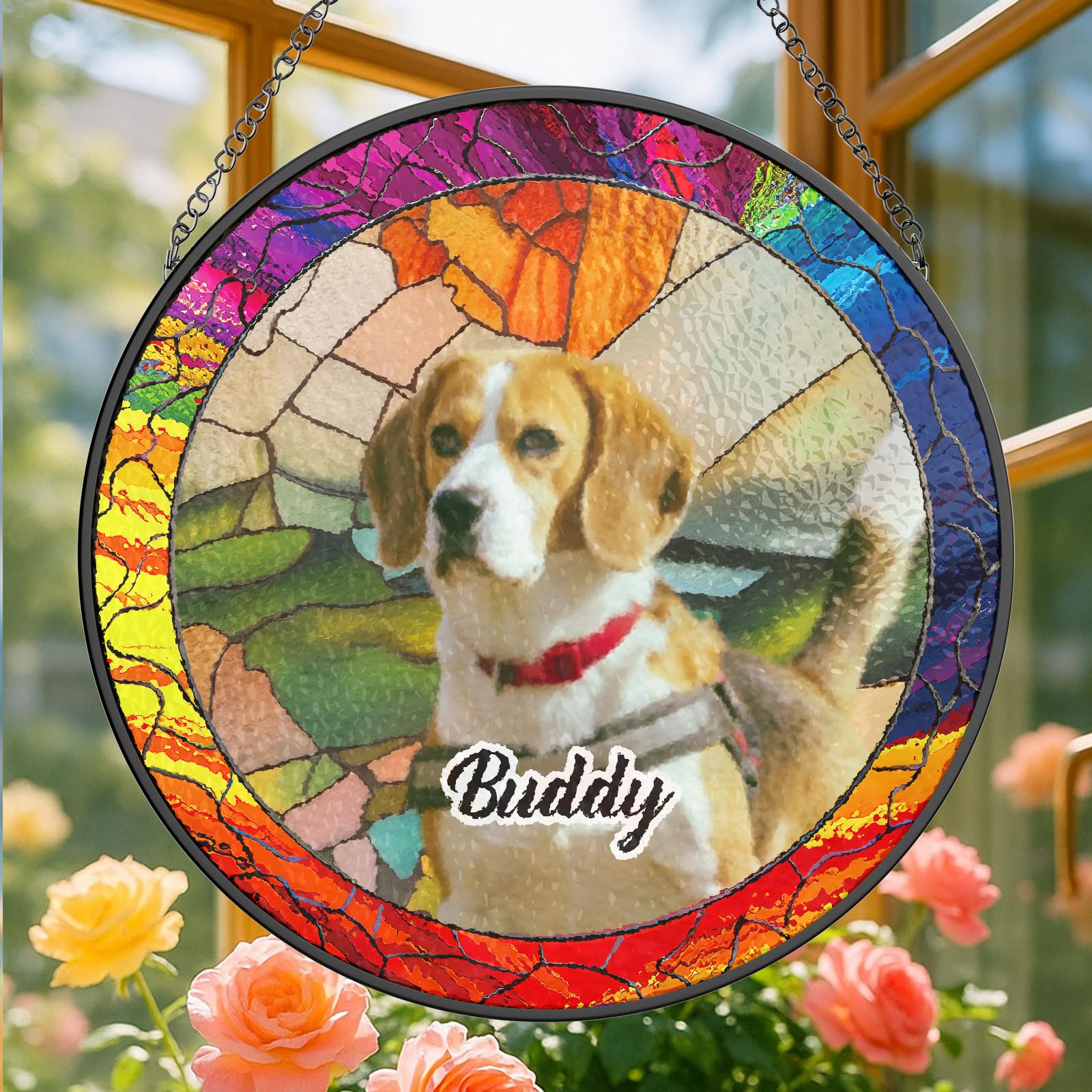 DXDOING Custom Pet Portrait Glass Suncatcher with Iron Frame — Personalised Dog Cat Memorial Gift, Stained Glass Window Hanging, Pet Remembrance Ornament for Christmas, Birthday & Garden Decor