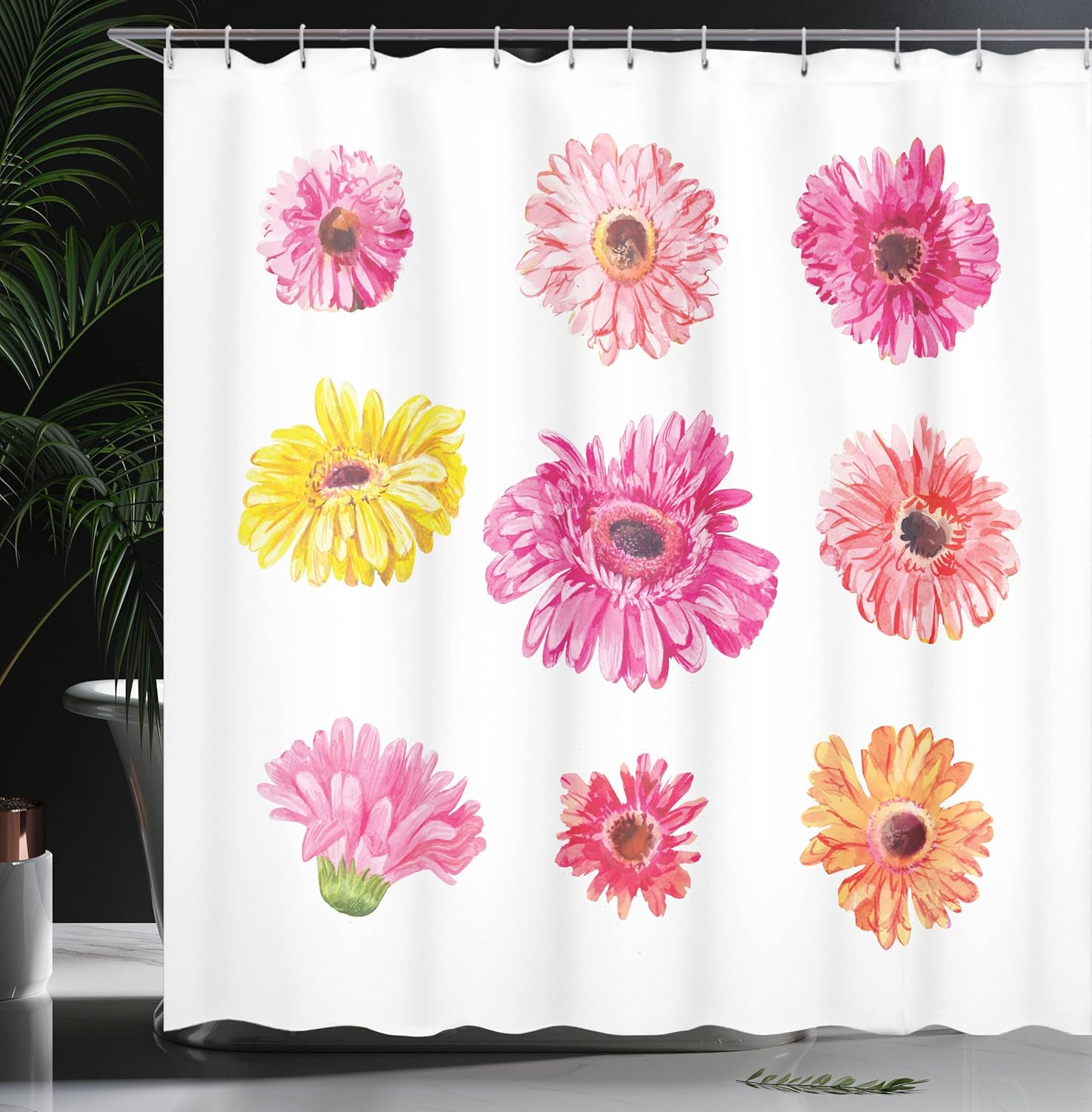Ambesonne Daisy Shower Curtain, Gerbera Flower Heads in Pink and Yellow Shades Watercolor Aquarelle Art Floral, Cloth Fabric Bathroom Decor Set with Hooks, 69" W x 70" L, Multicolor