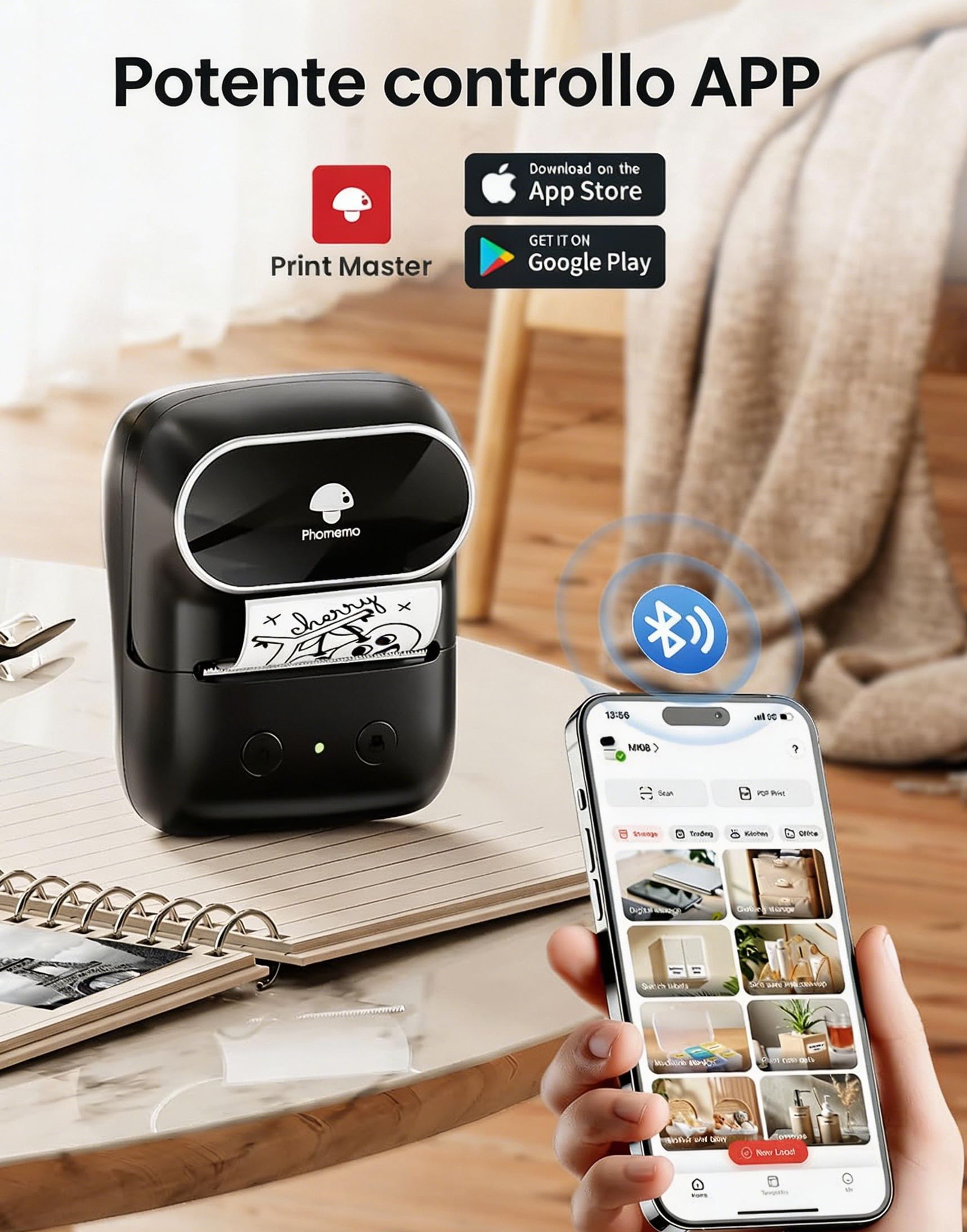 Phomemo M108 Etichettatrice Bluetooth, Portatile Stampante Etichette Adesive Termica Etichettatrice Etichette Adesive per Codici a barre,Cucina,negozi, Compatibile con iOS Android e PC, Nero