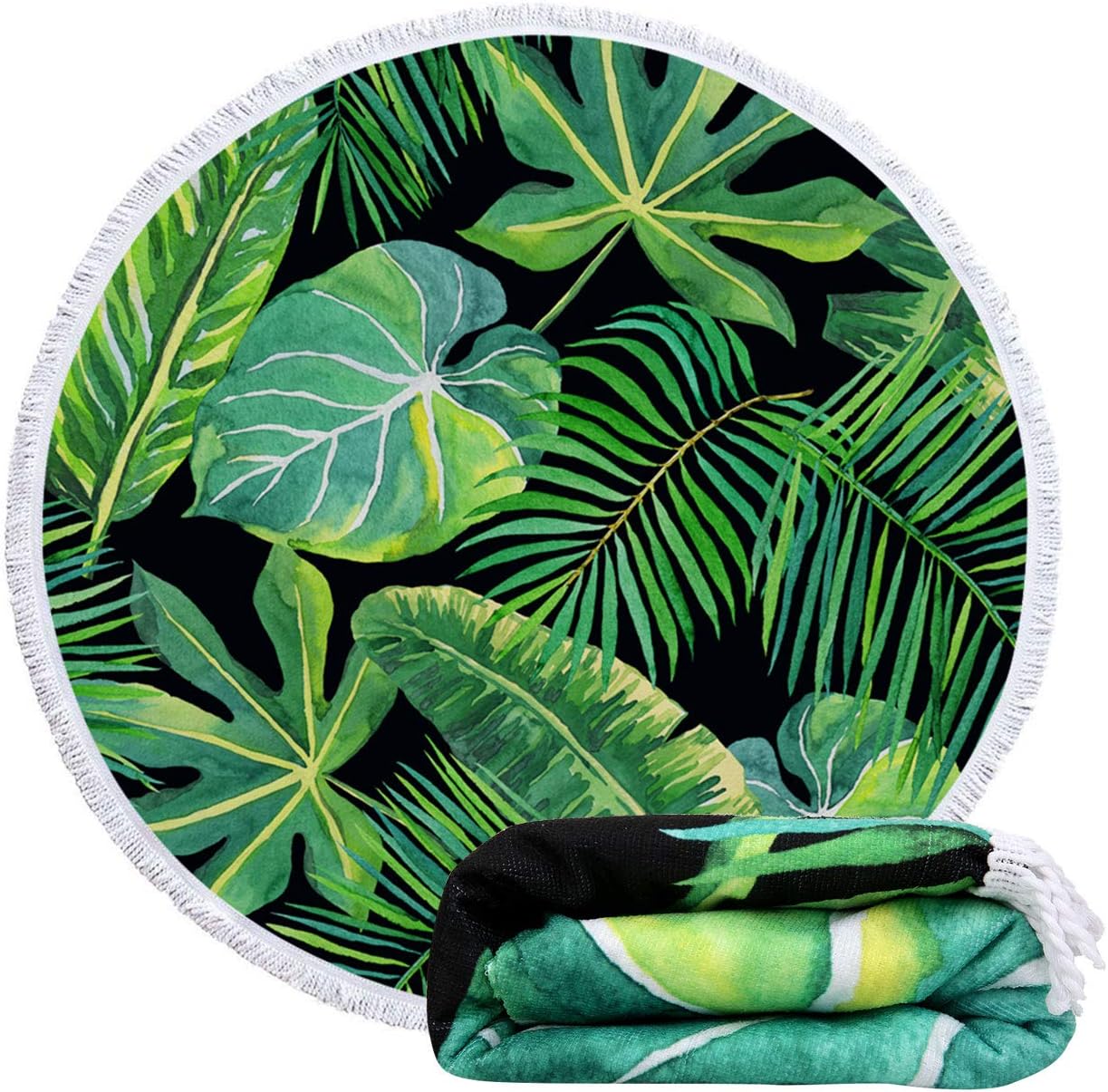 Violet Mist Round Palm Tree Beach Towel Tropical Round Mandala Beach Blanket 60 inch Oversized Microfiber Blanket Extra Large Swim Pool Bath Circle Towel with Tassels for Women Men Adults