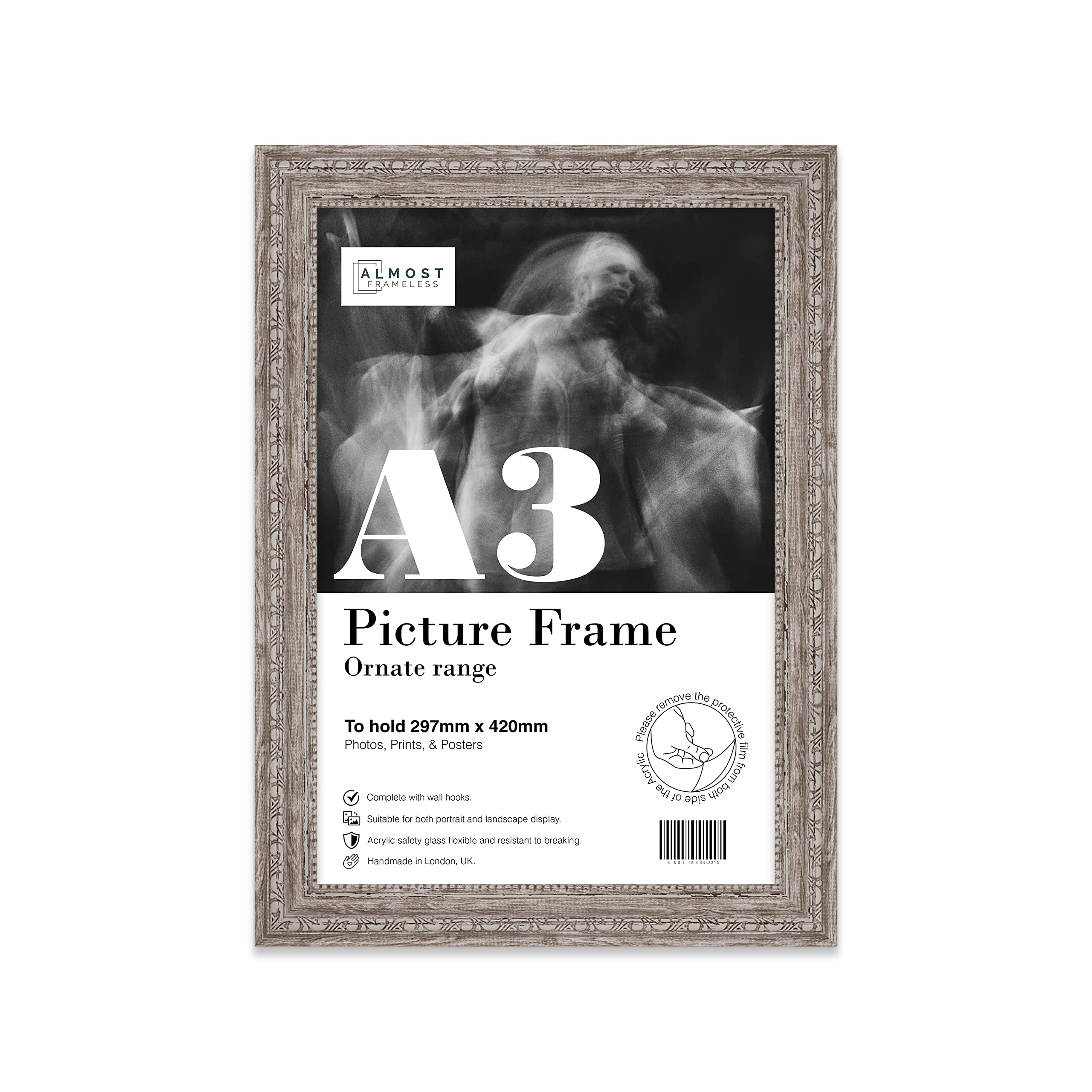 Almost Frameless A3 Walnut Ornate Picture Frame Fits A3 (29.7 x 42cm - 11.7 x 16.5in) Poster, Photo, Artwork, or Print. Baroque Style Portrait and Landscape Display with Wall Hooks