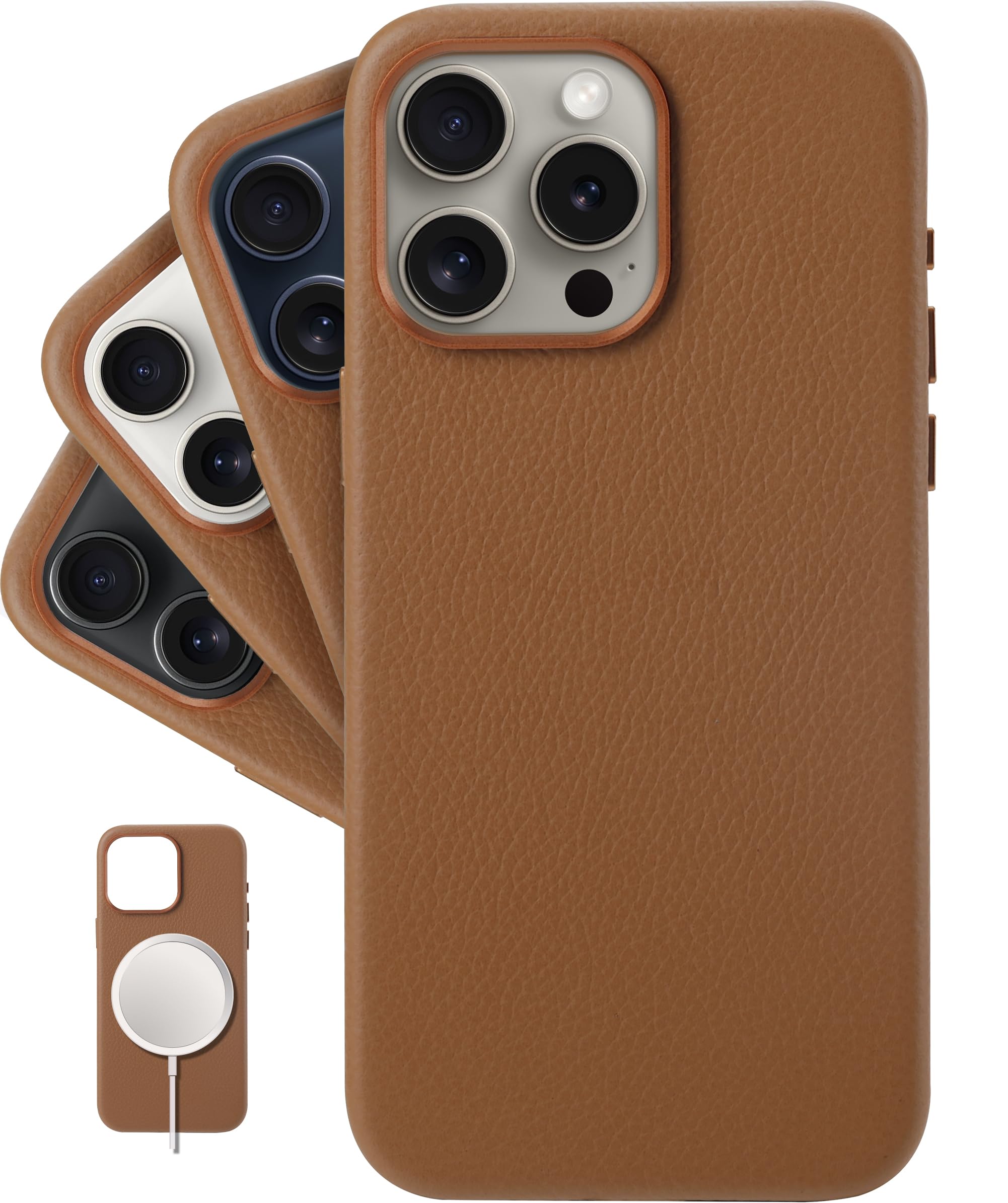 LONLI - per iPhone 15 Pro Max - Custodia europea in vera pelle Pebble con telaio in alluminio per fotocamera [compatibile con Magsafe] - Saddle