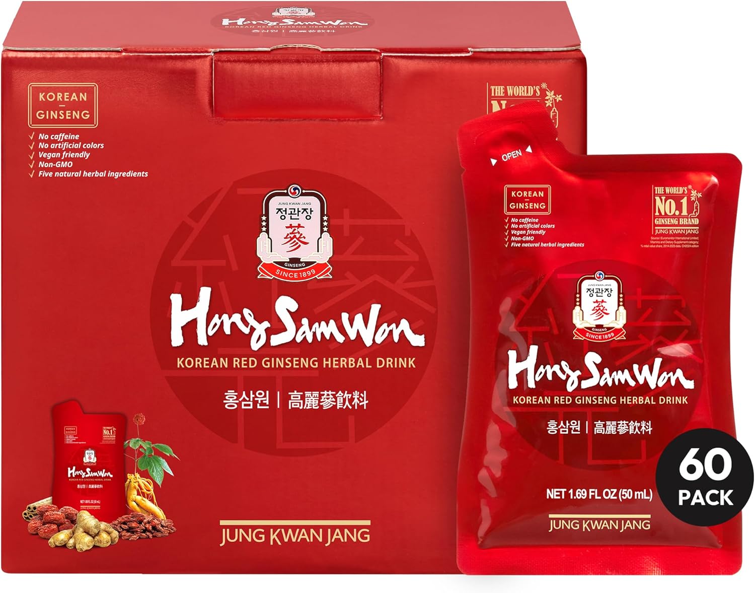 HongSamWon - Korean Red Ginseng Tea, Pre and Post Workout Herbal Energy Drink with Jujube, Cinnamon Ginger & Goji Berry - Caffeine Free, Non-GMO (60 Pouches, 1.69 fl oz)