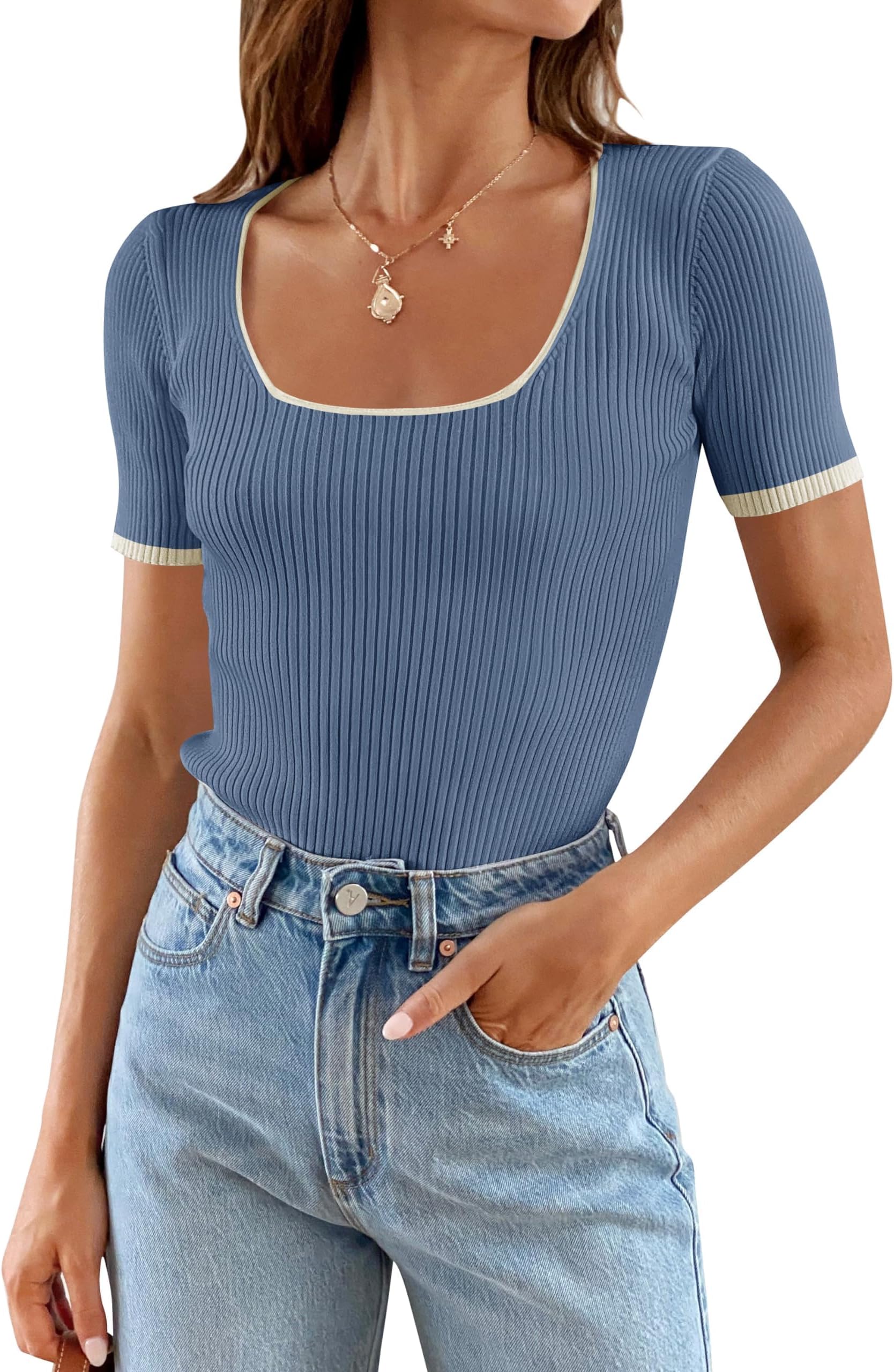 Women's Short Sleeve Square Neck Color Block T Shirt 2026 Summer Slim Fit Ribbed Knit Basic Tee Tops