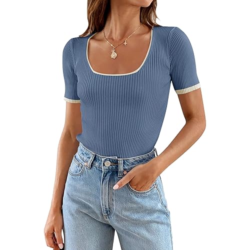 ZESICA Women's Short Sleeve Square Neck Color Block T Shirt 2024 Summer Slim Fit Ribbed Knit Basic Tee Tops
