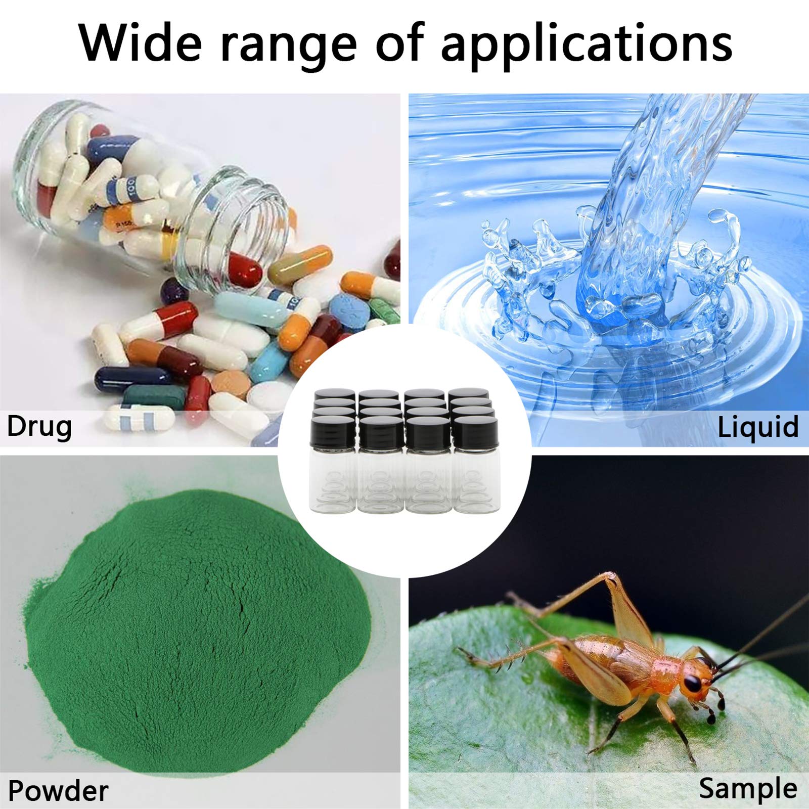 Mini flaconcini trasparenti da 7 ml in vetro con tappo a vite nero, contenitori da viaggio trasparenti per test di laboratorio, confezione da 16