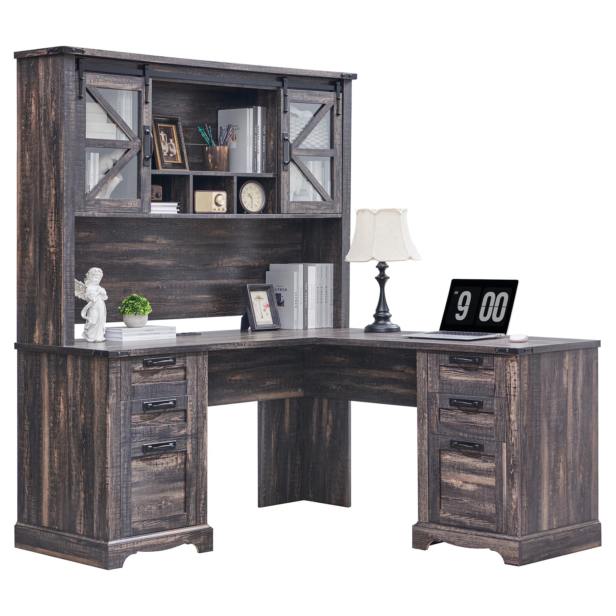 RedLemon 60" Farmhouse L Shaped Desk with Hutch, Wood Home Office Executive Desk with Drawer, Charging Station, File Drawer, Storage Cabinet, Rustic Writing Computer Desk (Dark Rustic Oak)