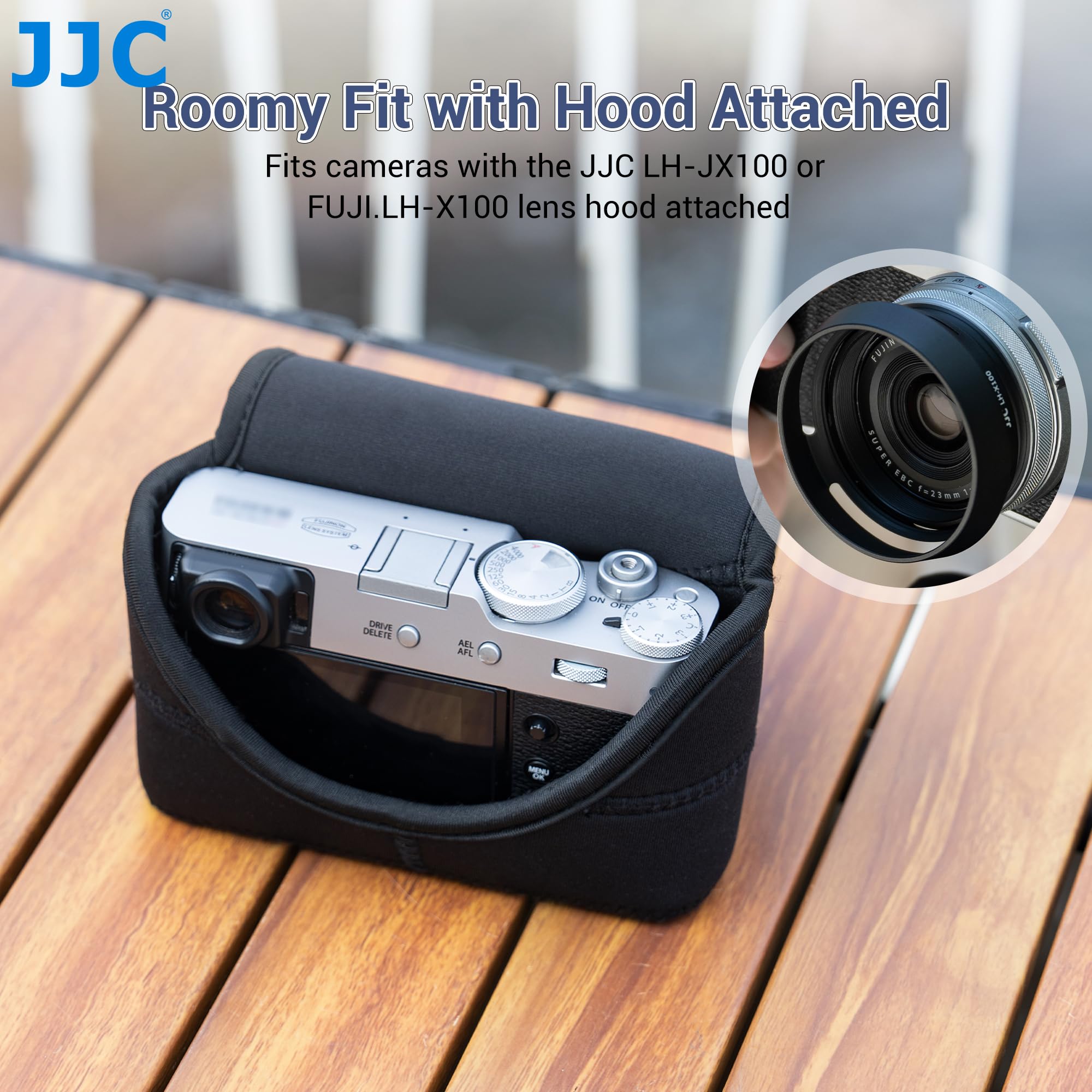 JJC Custodia per fotocamera leggera in neoprene compatibile con Fujifilm X-E5, X100VI, X100V, X100F, X100V, X100T, X100S, X100 con paraluce originale, custodia impermeabile per fotocamera integrata