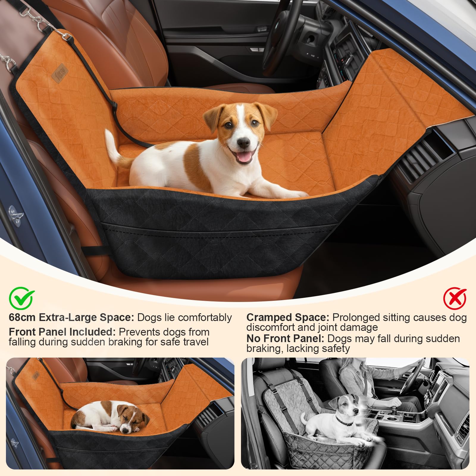 Erhöhter Hundesitz fürs Auto, Hunde Autositz für kleine & mittlere Hunde bis 16 kg, Abnehmbar & Waschbar, Stützschaum Hundesitz mit 2 Taschen & 3 Sicherheitsgurten, Schwarz +Braun
