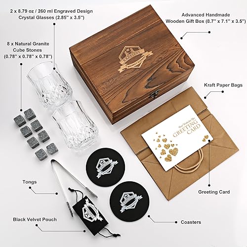 Miniatura 2 de Juego de caja de regalo con piedras y vaso para whisky, 8rocas enfriadoras de granito para whisky + 2vasos en caja de madera, regalo para hombres,