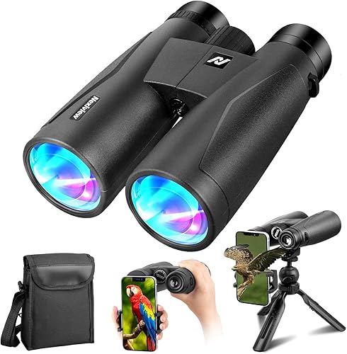 Nexiview Prismáticos HD de 12 x 50 para adultos con adaptador de teléfono y trípode, prismáticos de alta potencia con visión clara de poca luz,