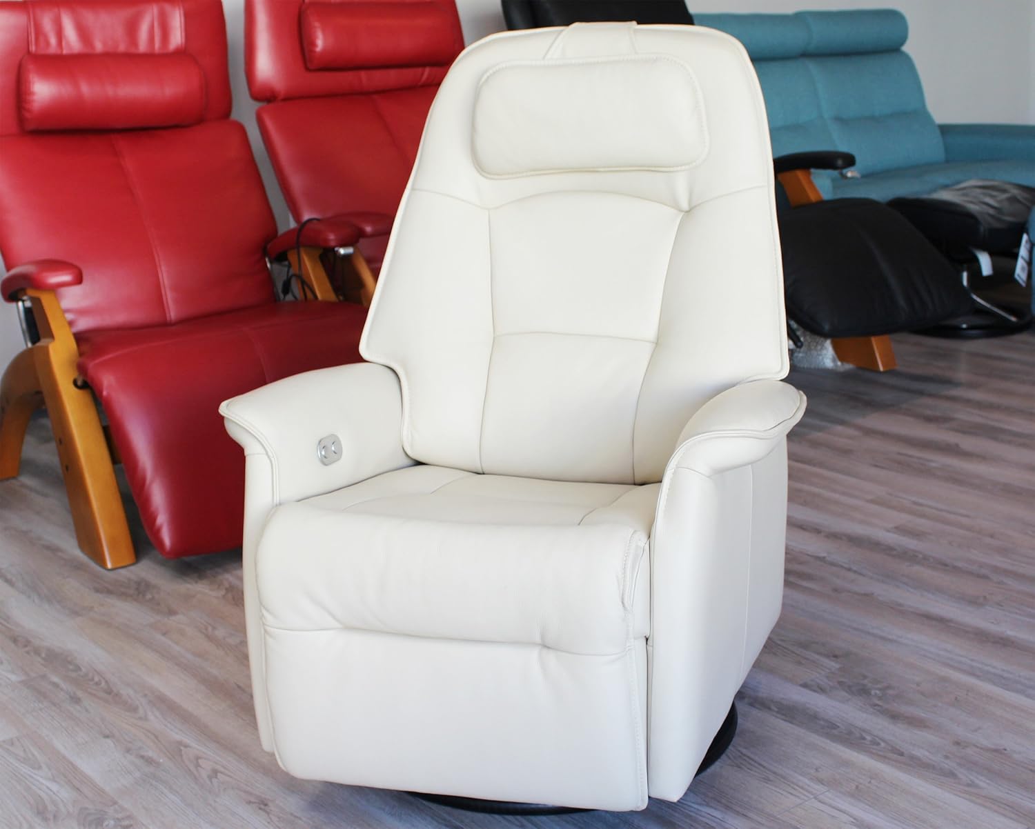 Fjords Stockholm Large Power Recline Swivel Swing Relaxer Recliner Chair in AL535 Dark Brown Astro Line Premium Leather