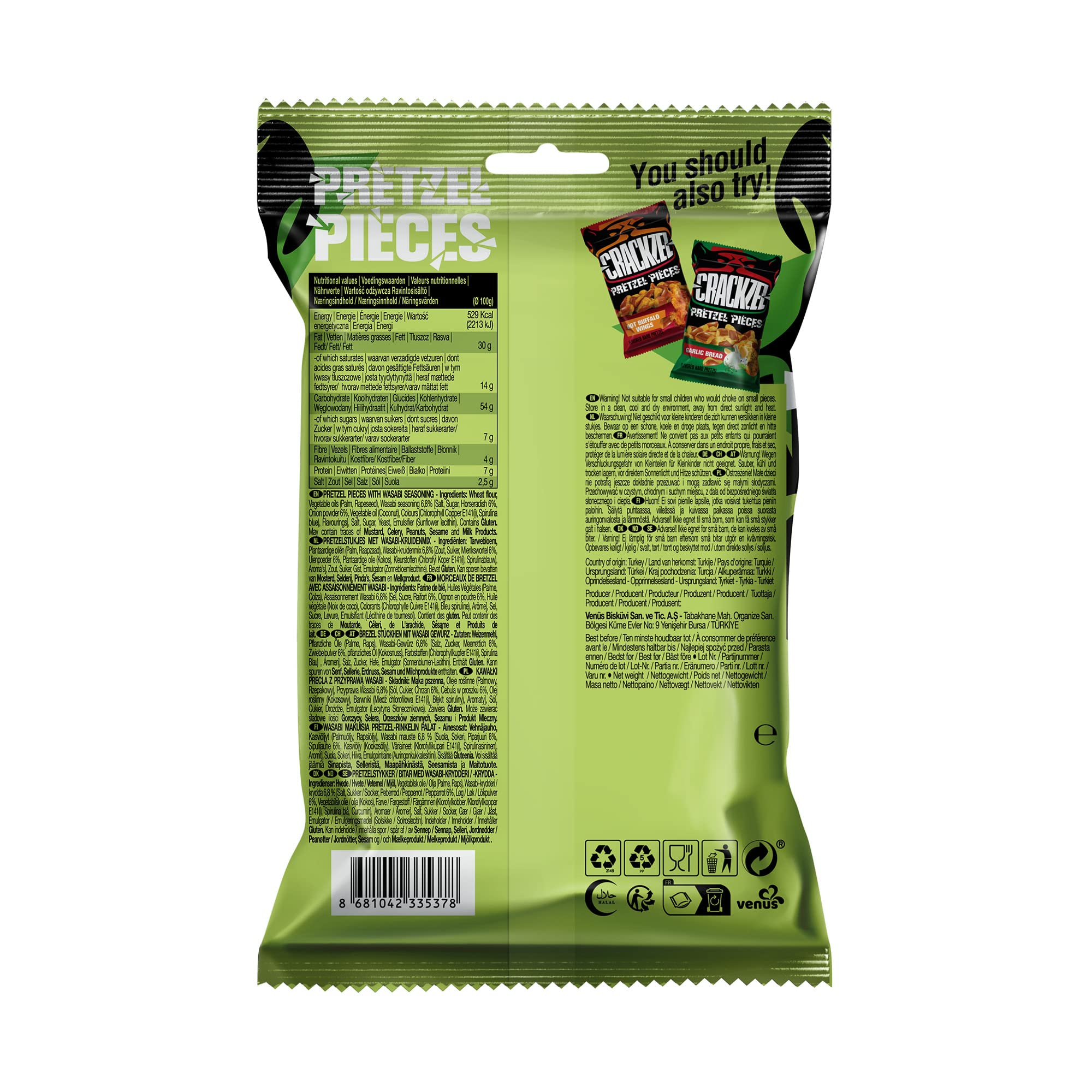 Crackzel Wasabi Pretzel Pieces 24 x 85 gr - Piezas de pretzel con especias de wasabi