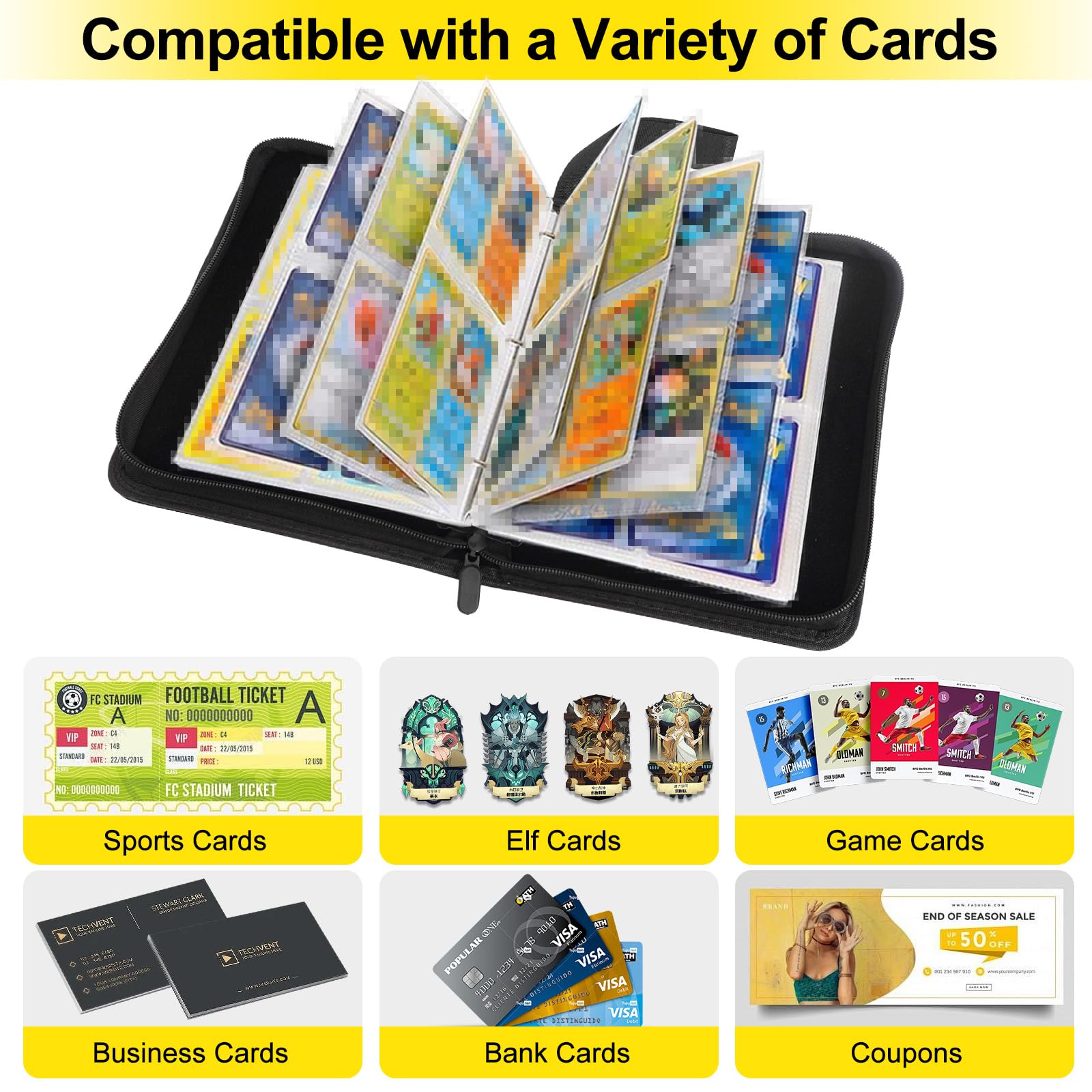 Realjoy Trading Card Binder 4 Pocket,400 Pockets Trading Card Albums,Card Collection Folder with Removable Sleeves for Sports Cards,Game Cards,TCG(Black) - Image 4