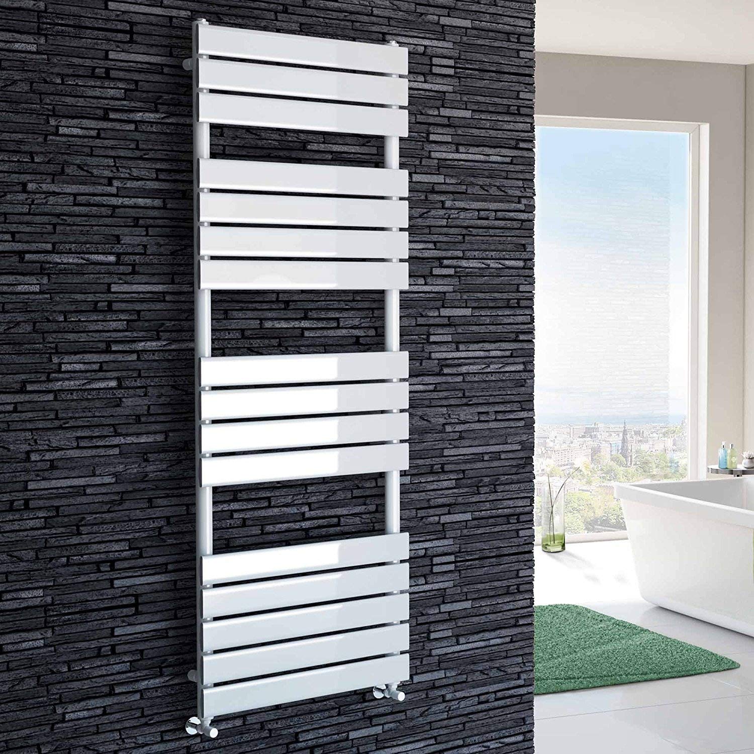 iBathUK Zerith Wall Mounted Flat Panel Heated Towel Rail, 16 Column Slim Flat Steel Hydronic Central Heating High Thermal Output Designer Bathroom Towel Radiator in Matt White, 1600 × 600mm
