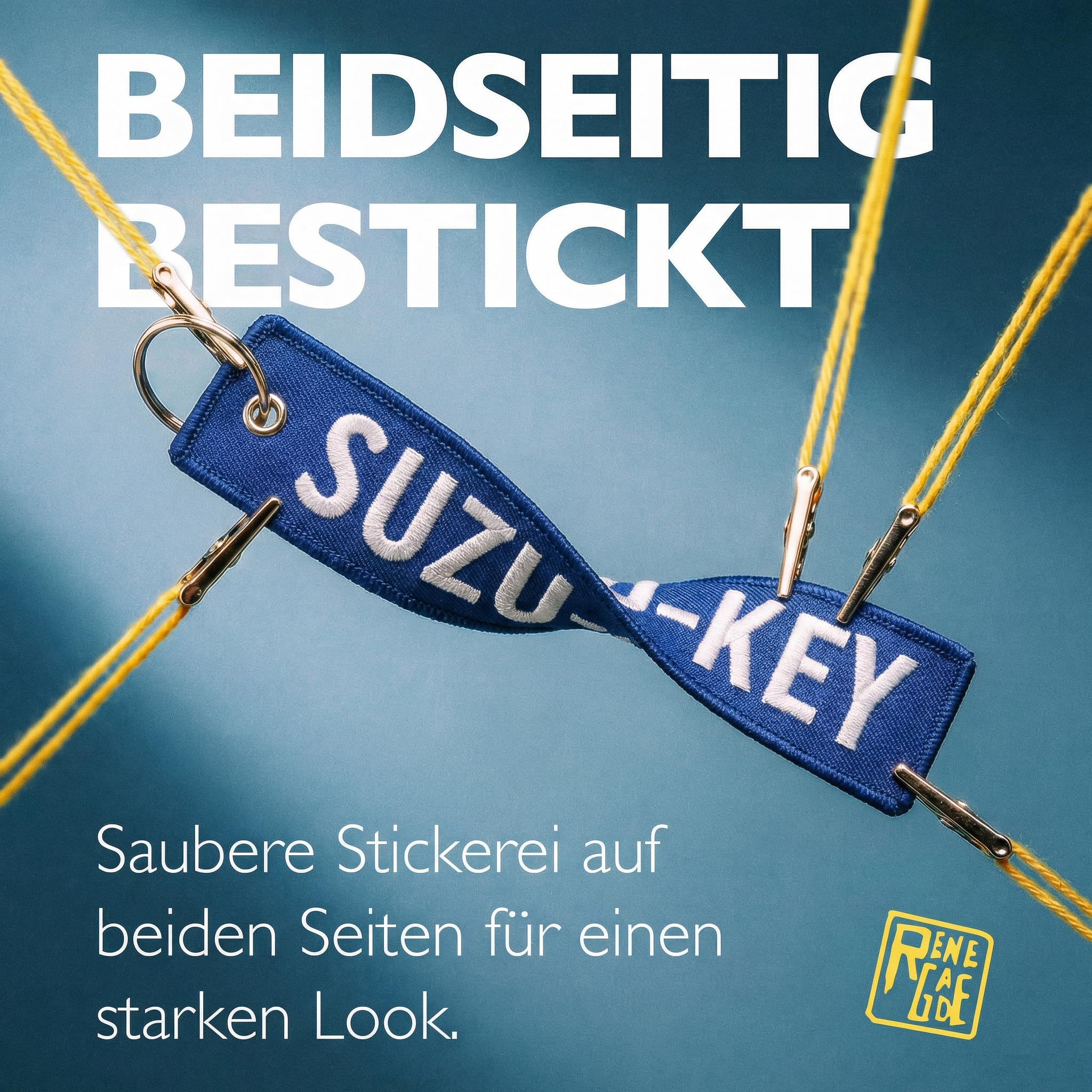 RENEGADE® Breloczek do kluczy motocyklowych z materiału z kółkiem na klucze, haftowany i odporny na zarysowania - 130 x 30 mm, czarny - (SUZU-KEY), niebieski, 130 x 30 mm