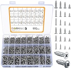 990pcs Self Tapping Screws Assortment Set, M3/M4/M5/M6 Stainless Steel Sheet Metal Screws, Phillips Drive Wood Screws Set for Deck Drywall Concrete Screws(500pcs Flat Head, 490pcs Round Head)