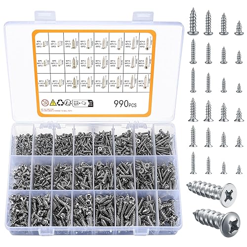 Juego surtido de 990 tornillos autorroscantes, tornillos de chapa de acero inoxidable M3/M4/M5/M6, tornillos de madera Phillips Drive, juego de