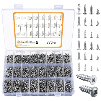 990pcs Self Tapping Screws Assortment Set,500pcs Flat Head,490pcs Round HEA | M3/M4/M5/M6 Stainless Steel Sheet Metal Screws, Phillips Drive Wood ScrewsSet for Deck Drywall Concrete Screws