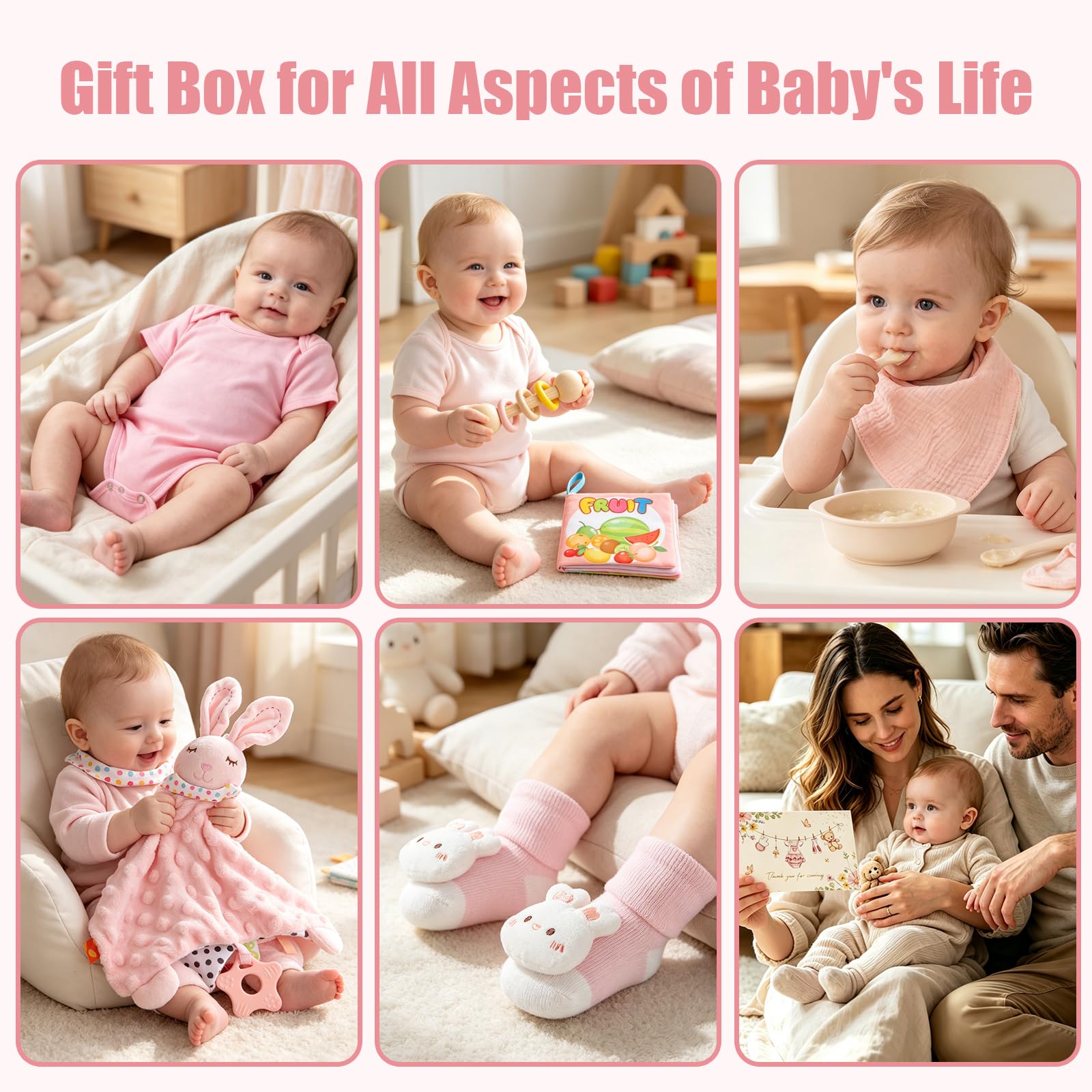 Set Regalo Neonato Femmina 10 Pezzi Regalo Nascita | con Copertina Bebè Peluche Doudou Sonaglio Libro in Tessuto Body Bavaglino e Calzini Perfetto per Baby Shower Battesimo
