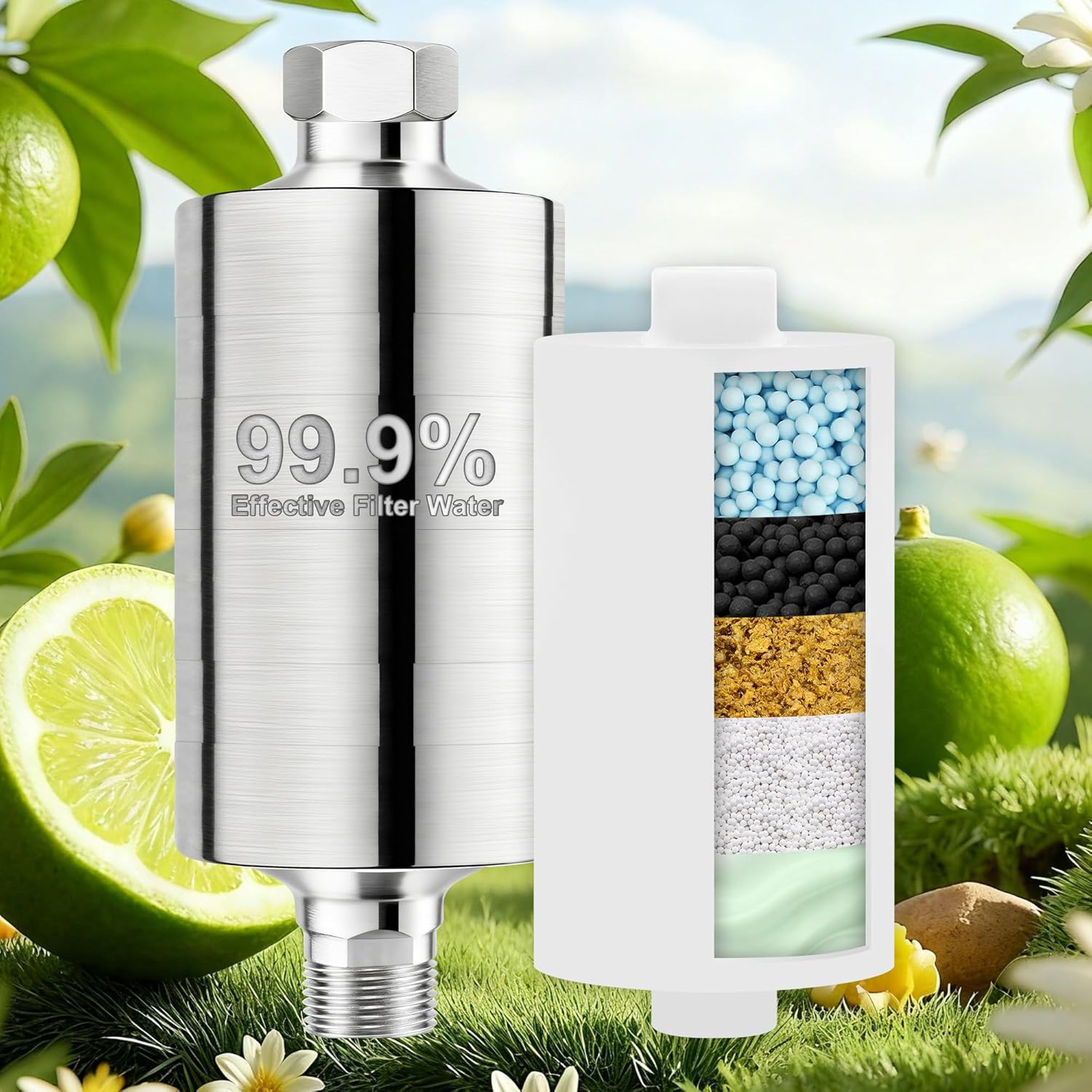 Vitamin C Larger Premium Metal Shower Filter, 304 stainless steel material, Clean Soft Water, Remove 99% Chlorine, Improve Your Skin, Easy to Install, KMF00D (Citrus)