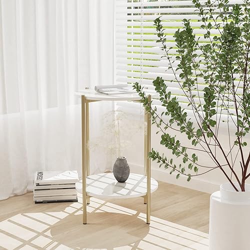 Miniatura 9 de Wisfor Mesa auxiliar de piedra sinterizada mesa auxiliar redonda blanca de 2 niveles - Mesa de centro pequeña con marco dorado - Moderna mesita de