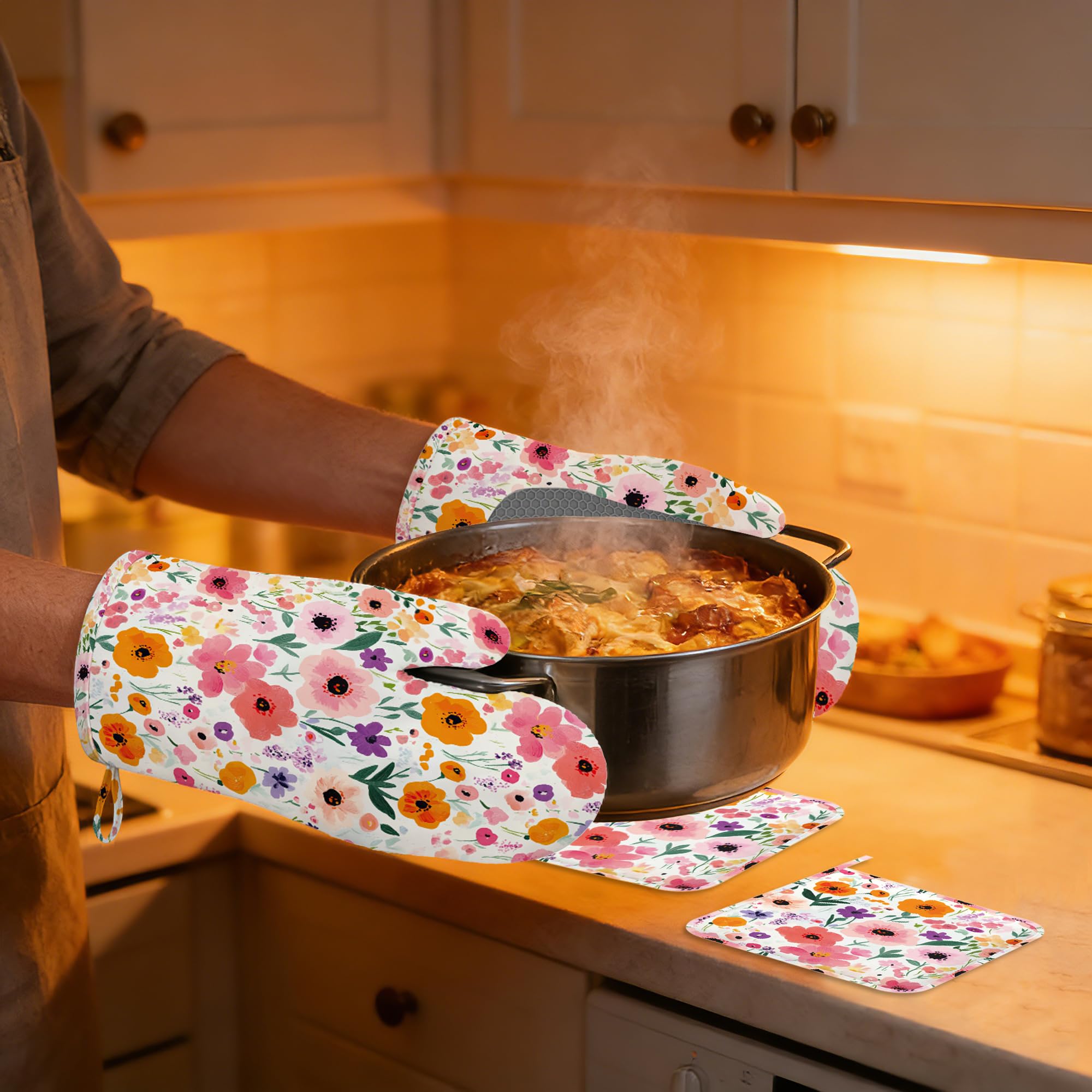 Juego de manoplas de horno y soportes para ollas, manoplas de cocina florales de acuarela extralargas para cocinar, de algodón grueso resistente al calor, utensilios de cocina de silicona para hornear