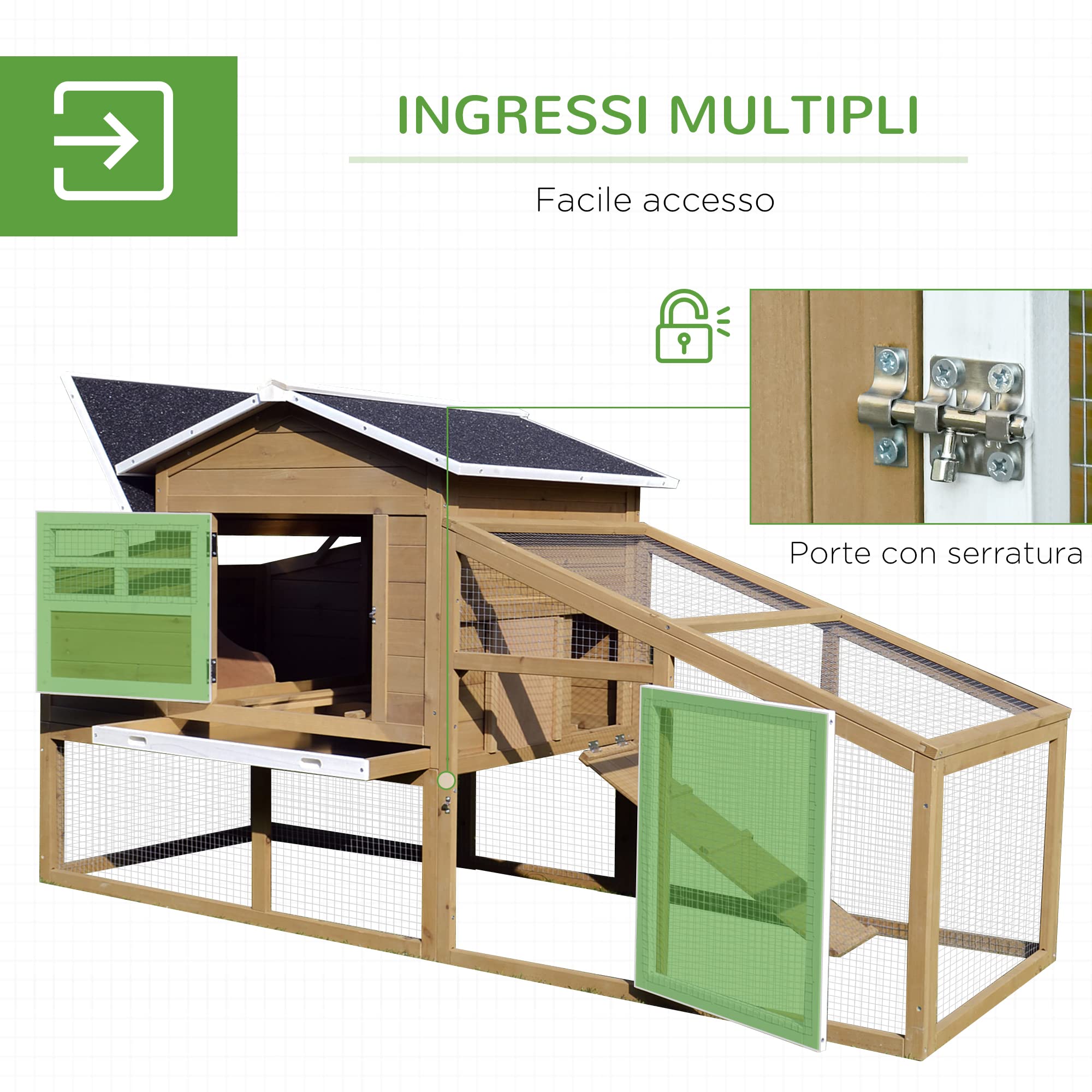 PawHut Pollaio da Giardino per Galline con Corsa e Zona di Nidificazione Vassoio Estraibile, 200x80x105cm | Pollaio per Galline da Esterno, Zona di Nidificazione, Vassoio Estraibile, da Giardino