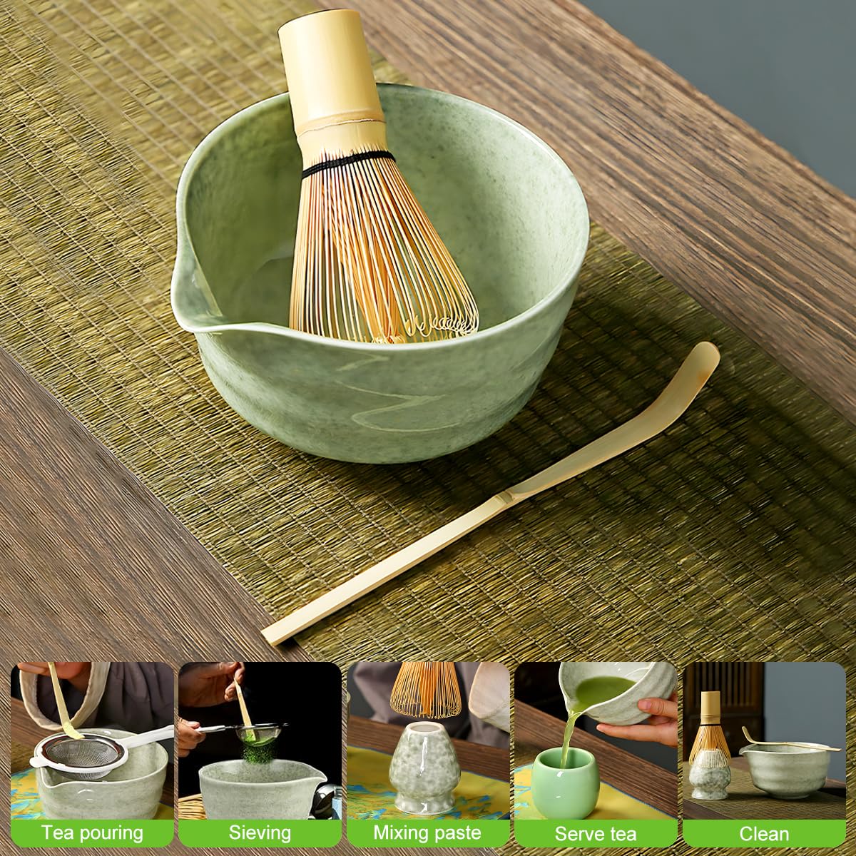 Set Matcha Cerimoniale 4 Pezzi – Matcha Kit Tradizionale con Ciotola, Frustino Bambù, Supporto & Cucchiaino – Kit Matcha per Tè Matcha Giapponese – Ideale per Amanti del Matcha