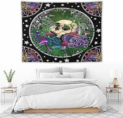 Miniatura 5 de Tapiz gótico de calavera de azúcar, colorido hongo negro estrellado constelación trippy tarot tapiz colgante de pared para dormitorio, sala de
