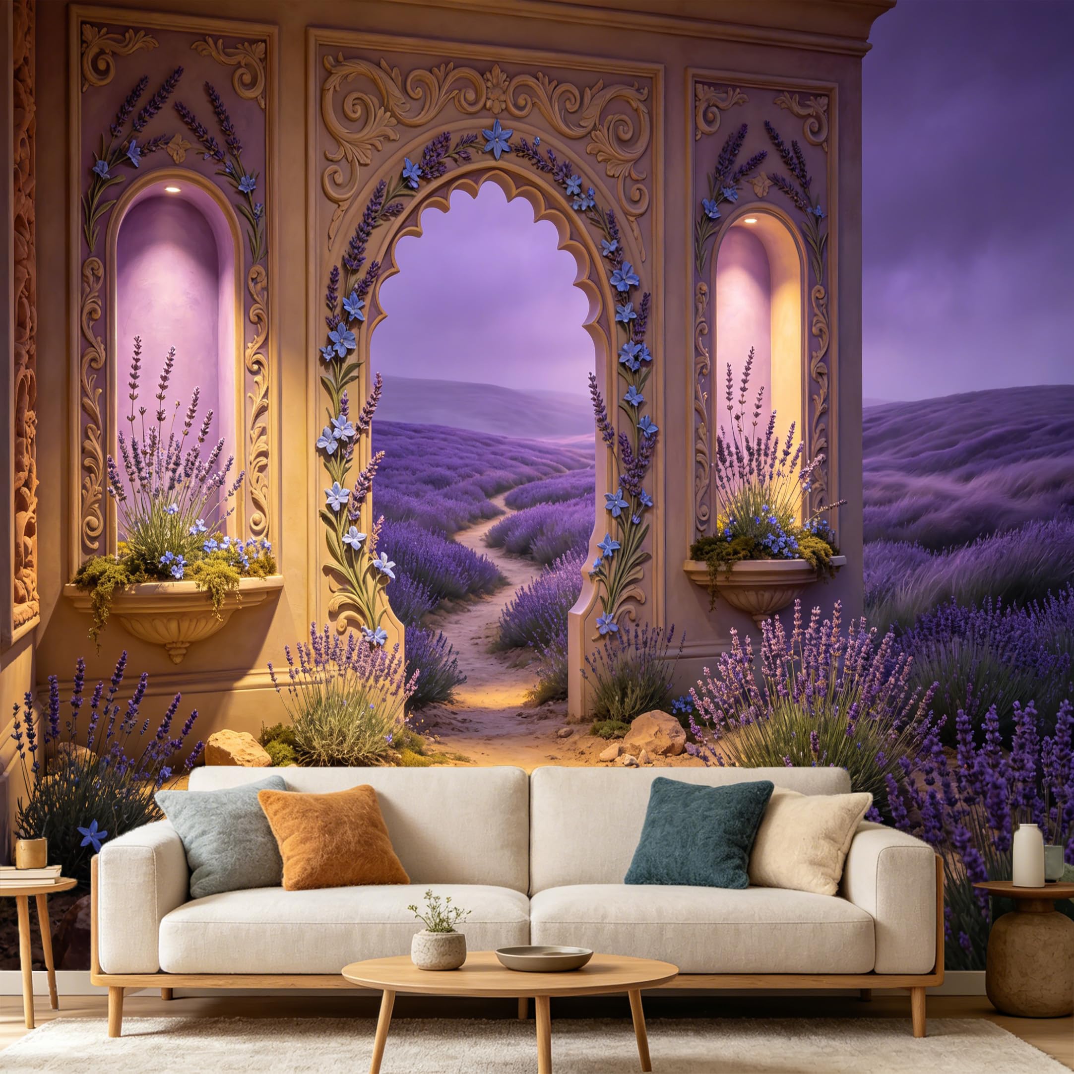 Custom Size Wall Mural， Provence Lavender Fields Archway 3D Landscape， SelfAdhesive Art Prints wall Fabric Removable Large Wallpaper Home Living Room Decor
