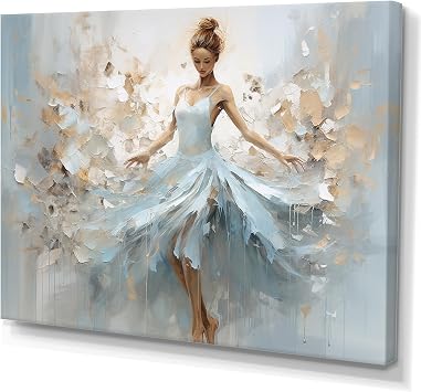 DesignQ Blue Canvas wall art, Ballet Wall Art, Minimalism Ballerina In Blue And Gold, Ballet Wall art decor, 20x12 inches