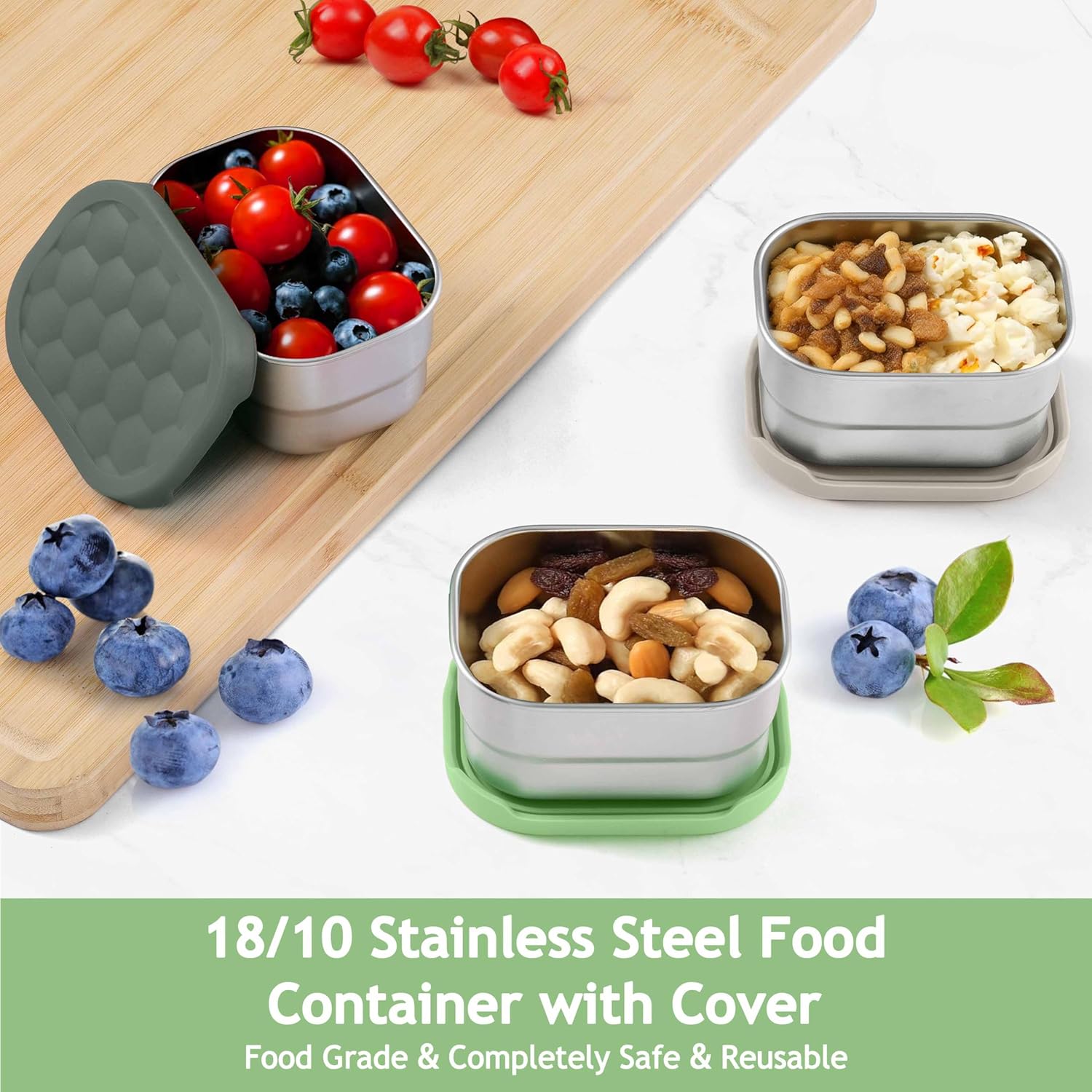 Homikit 3 Pack Snack Containers for Kids, 18/10 Stainless Steel Toddler Lunch Box with Silicone Lids, Reusable Bento Food Container Set for School Daycare, Nontoxic & Leak Proof, Green/Khaki/Gray - Image 4