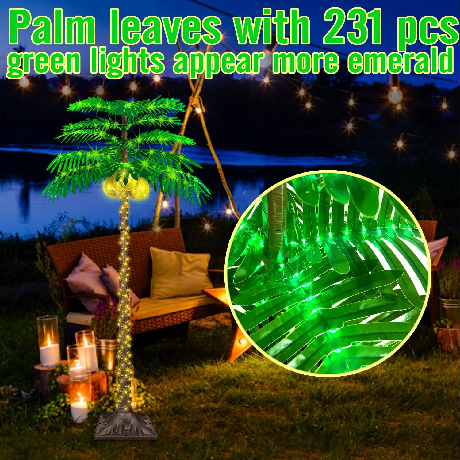 Palma a LED da 1,8 m con 421 luci, palma illuminata per patio esterno, fornita con 3 noci di cocco incandescenti, dimmerabile, 8 modalità lampeggianti e timer.