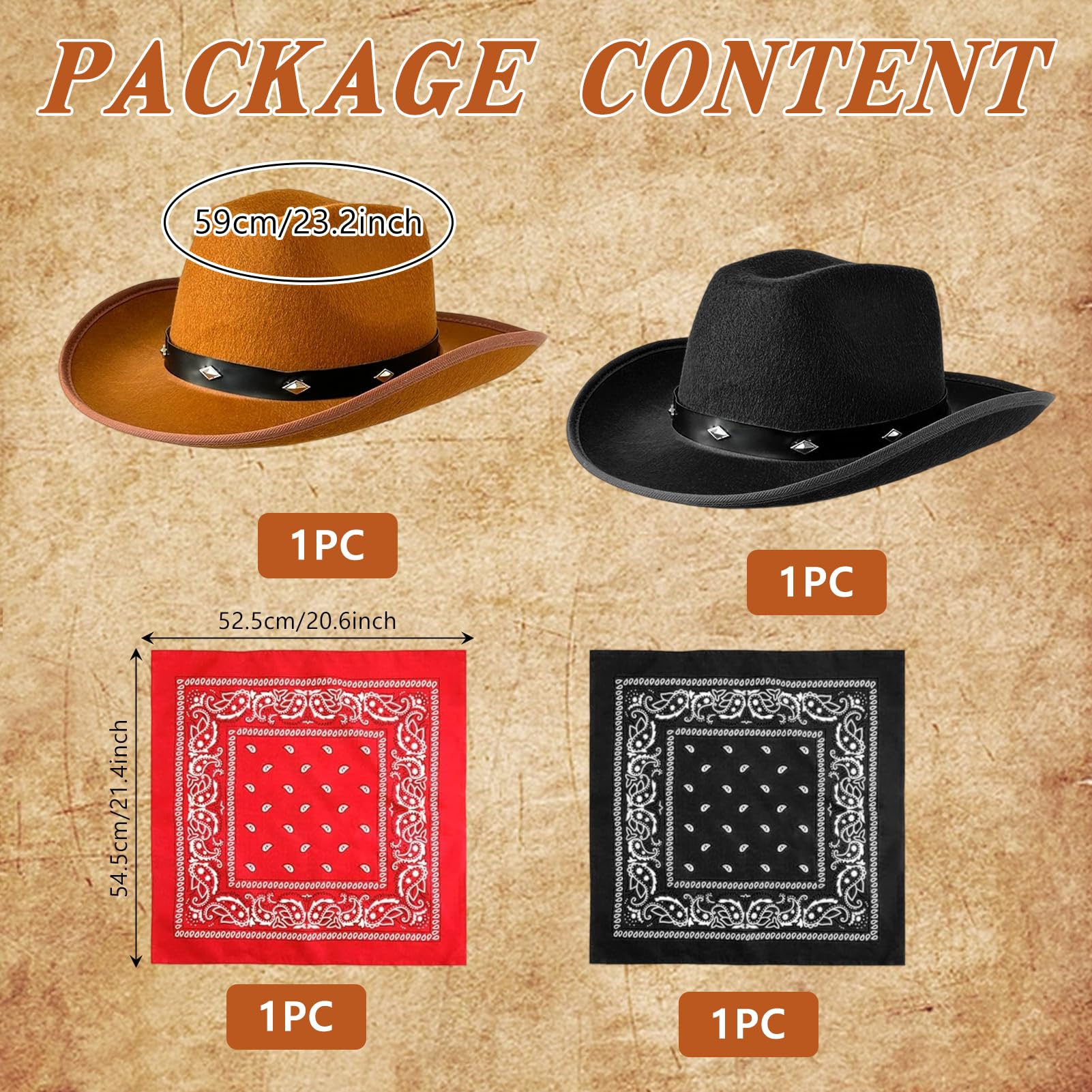 Meriviva Cowboy Hats for Men Women 4Pcs Black and Brown Cowboy Hat with Bandana Accessories Set - Image 3