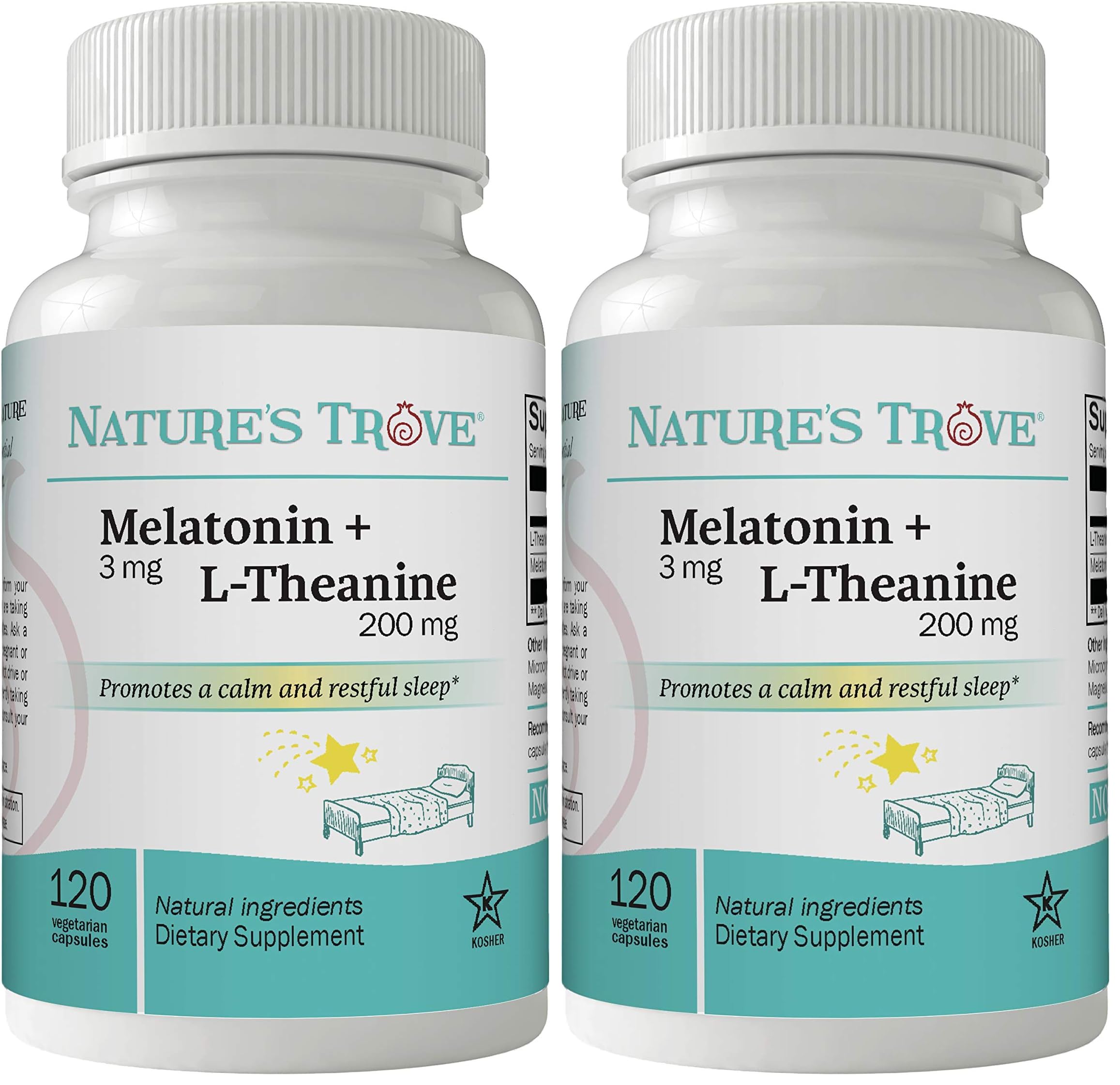 Nature's Trove Melatonin 3mg + L Theanine 200mg – Calm and Relaxation – 120 Kosher Vegetarian Capsules — Amazon image 4