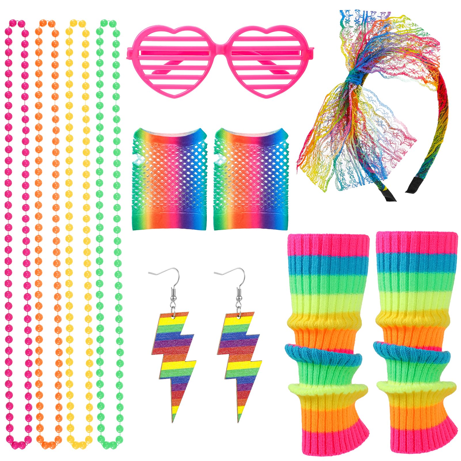 80s Fancy Dress for women, 90s Fancy Dress Costumes Accessories Set Neon Leg Warmers Fishnet Gloves Headband Earrings Necklace Glasses Retro Outfit for 80s Party
