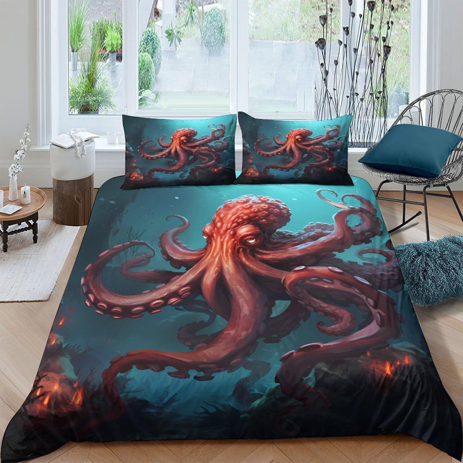 Ctjqhvkz Style-6 3D Printed Octopus Ocean Fitted Sheet Microfiber Navy Blue Deep Sea Mattress Cover Anti-Slip Machine Washable For Bedroom Home Decor Single（135X200cm）